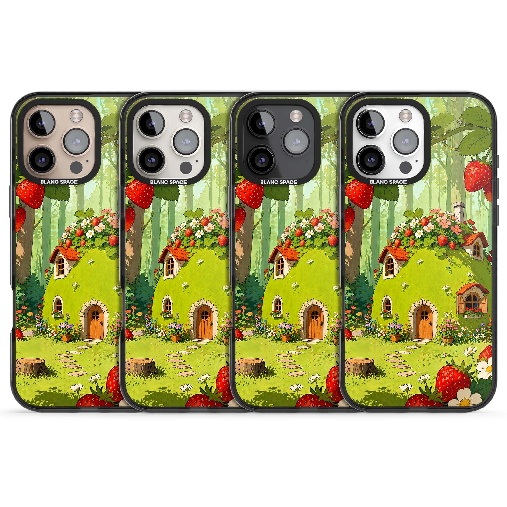 Strawberry Cottage cottagecore iPhone case featuring a green fairy house, wild strawberries and enchanted forest flowers | Black Impact case for iPhone 16 Pro, iPhone 16 Pro Max