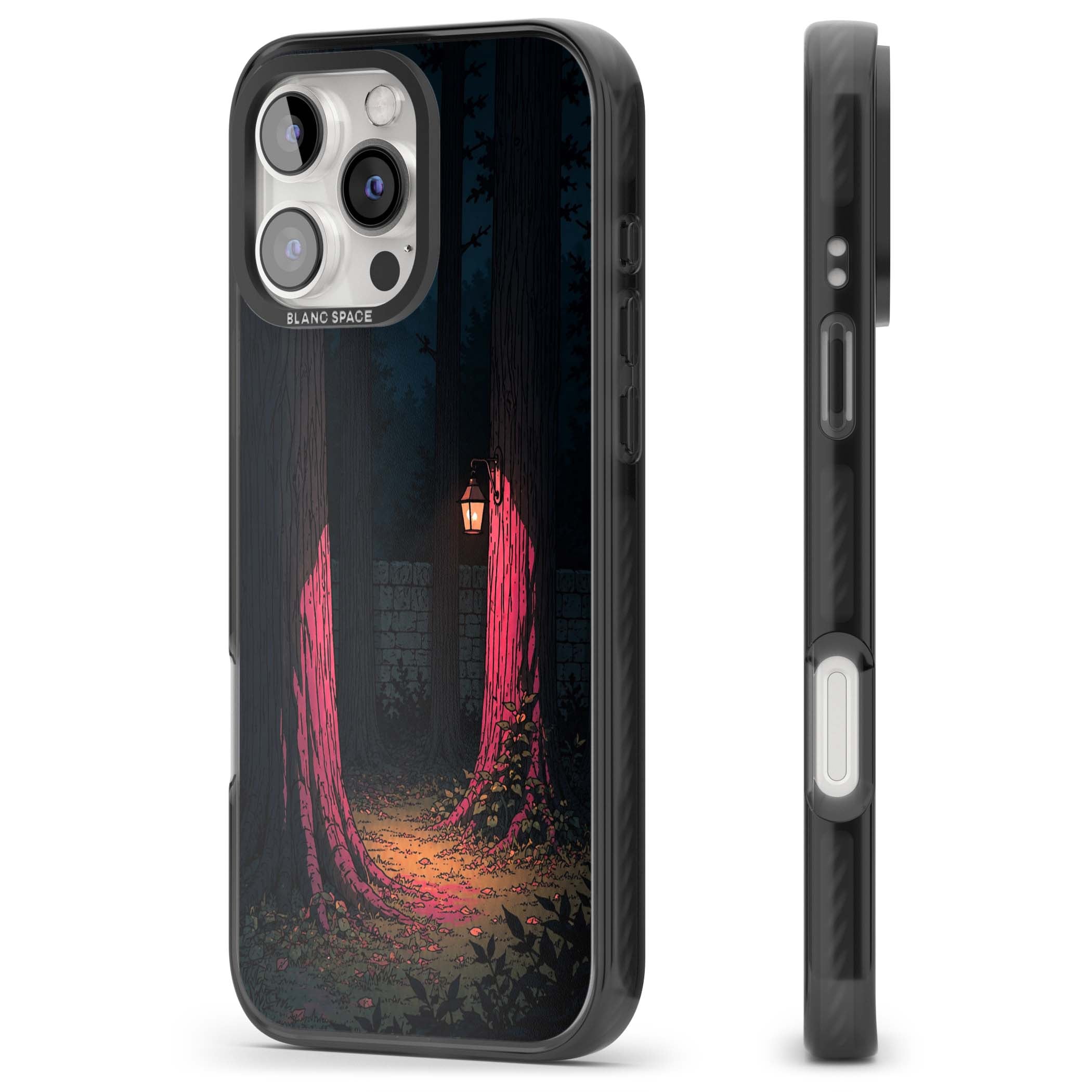 Forest Lantern dark academia iPhone case featuring a moonlit forest, glowing lantern, and stone wall pathway | Black Impact case for iPhone 16 Pro, iPhone 16 Pro Max