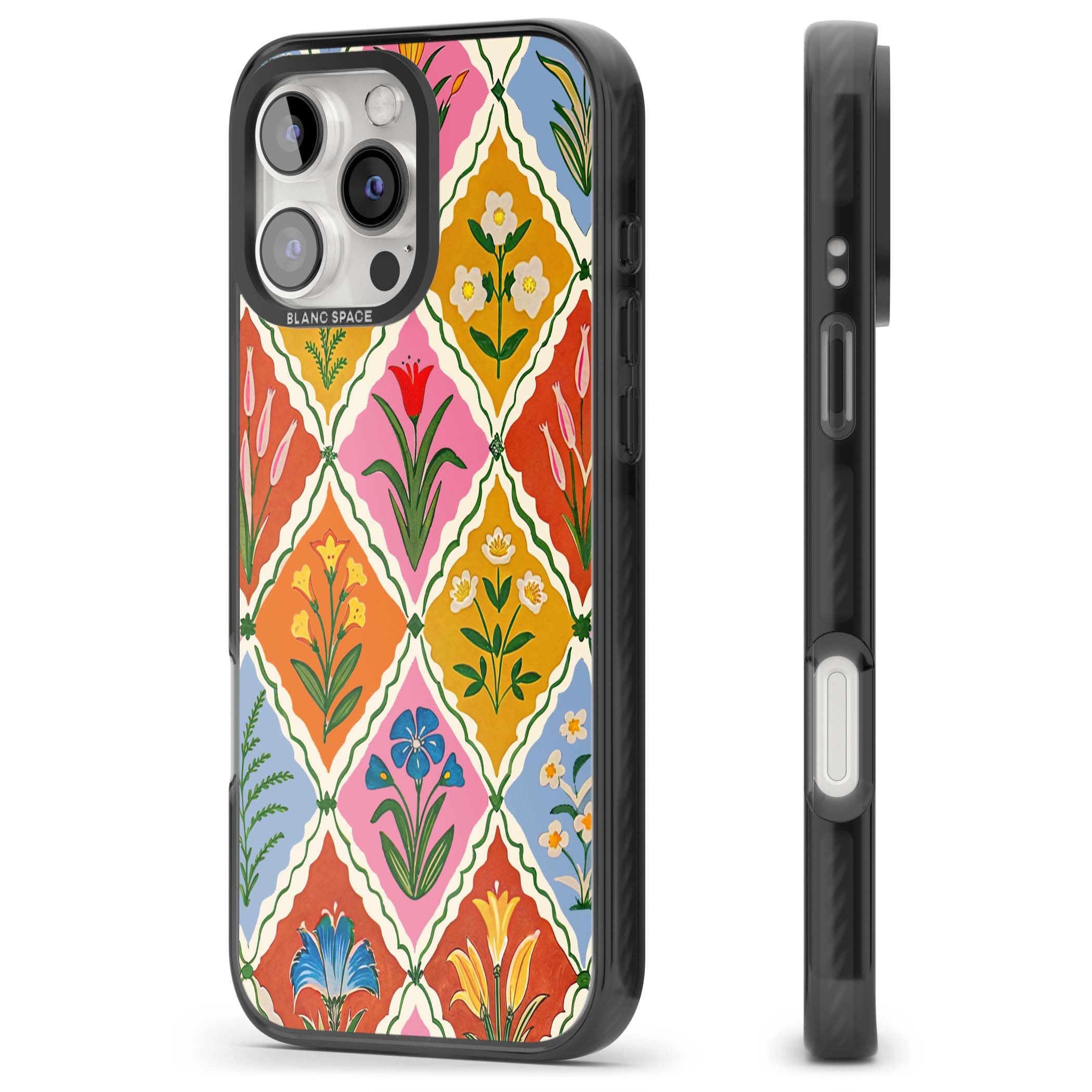 Floral Quilt boho floral iPhone case featuring diamond lattice pattern, hand-painted tulips and folk art wildflowers | Black Impact case for iPhone 16 Pro, iPhone 16 Pro Max