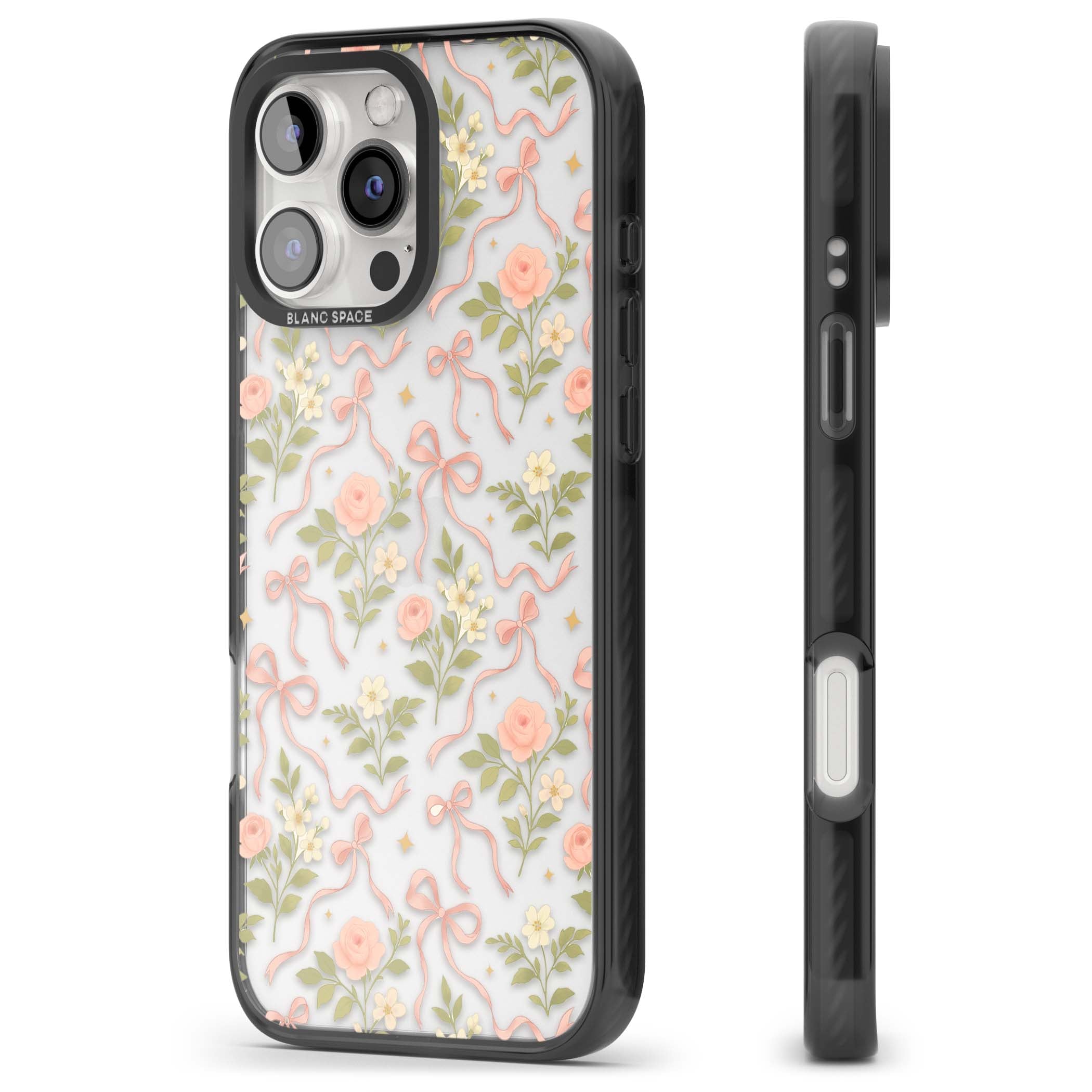 Ribbon Garden coquette iPhone case featuring pink bows, peach roses and wildflowers on white background | Black Impact case for iPhone 16 Pro, iPhone 16 Pro Max