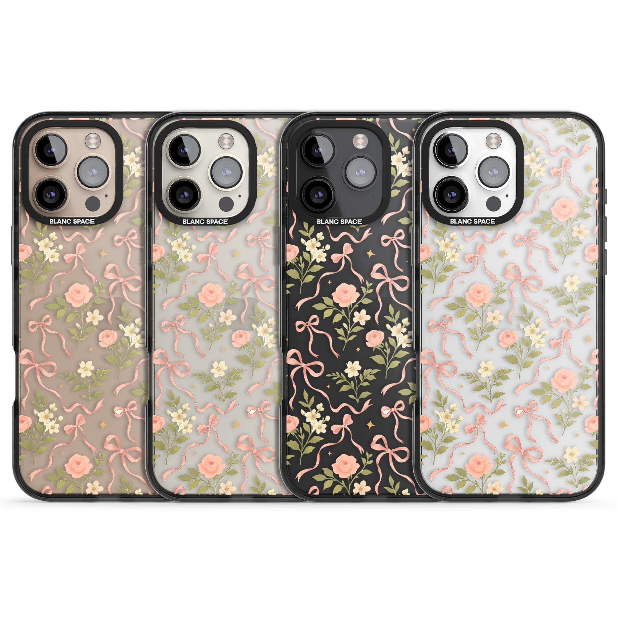 Ribbon Garden coquette iPhone case featuring pink bows, peach roses and wildflowers on white background | Black Impact case for iPhone 16 Pro, iPhone 16 Pro Max