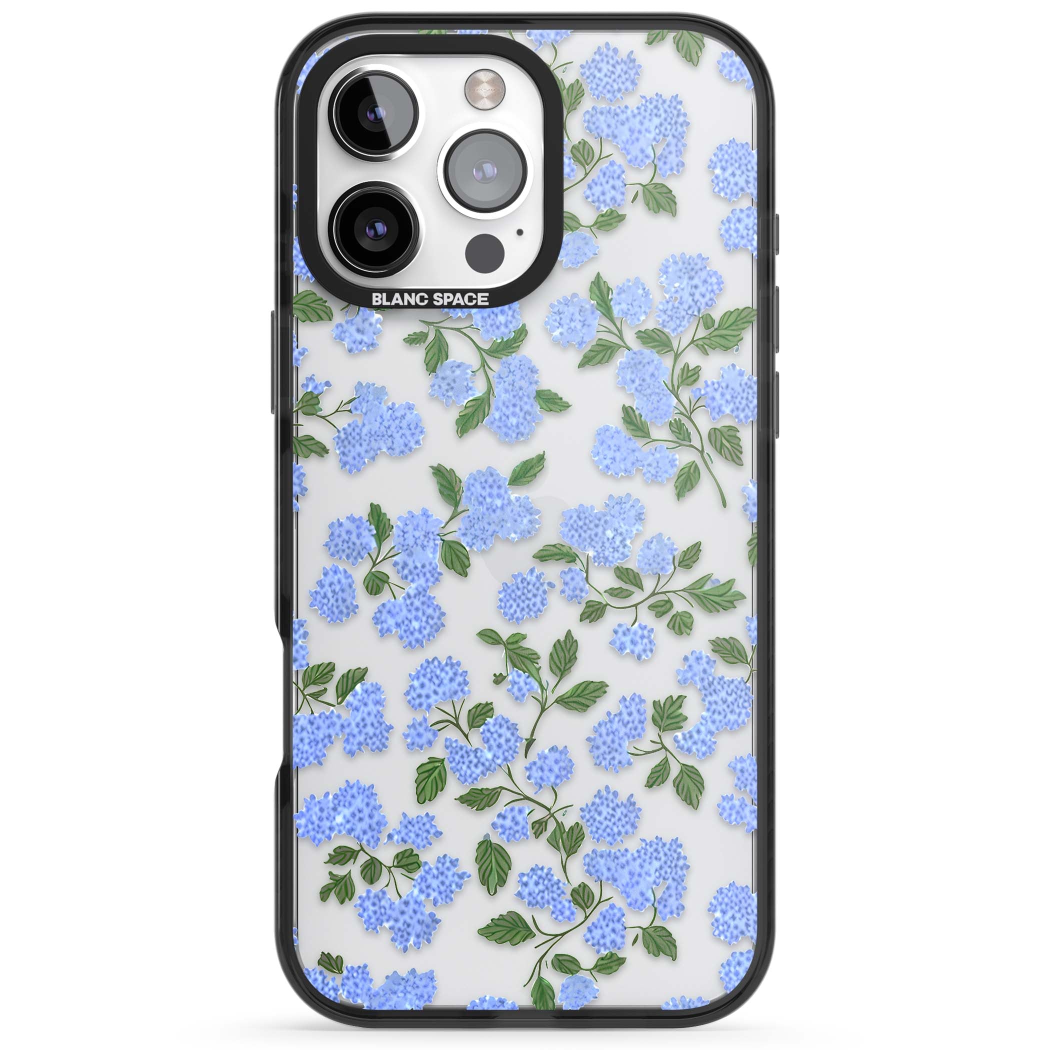 Hydrangea Dreams cottagecore iPhone case featuring soft blue hydrangea flower clusters and green leaves | Black Impact case for iPhone 16 Pro, iPhone 16 Pro Max