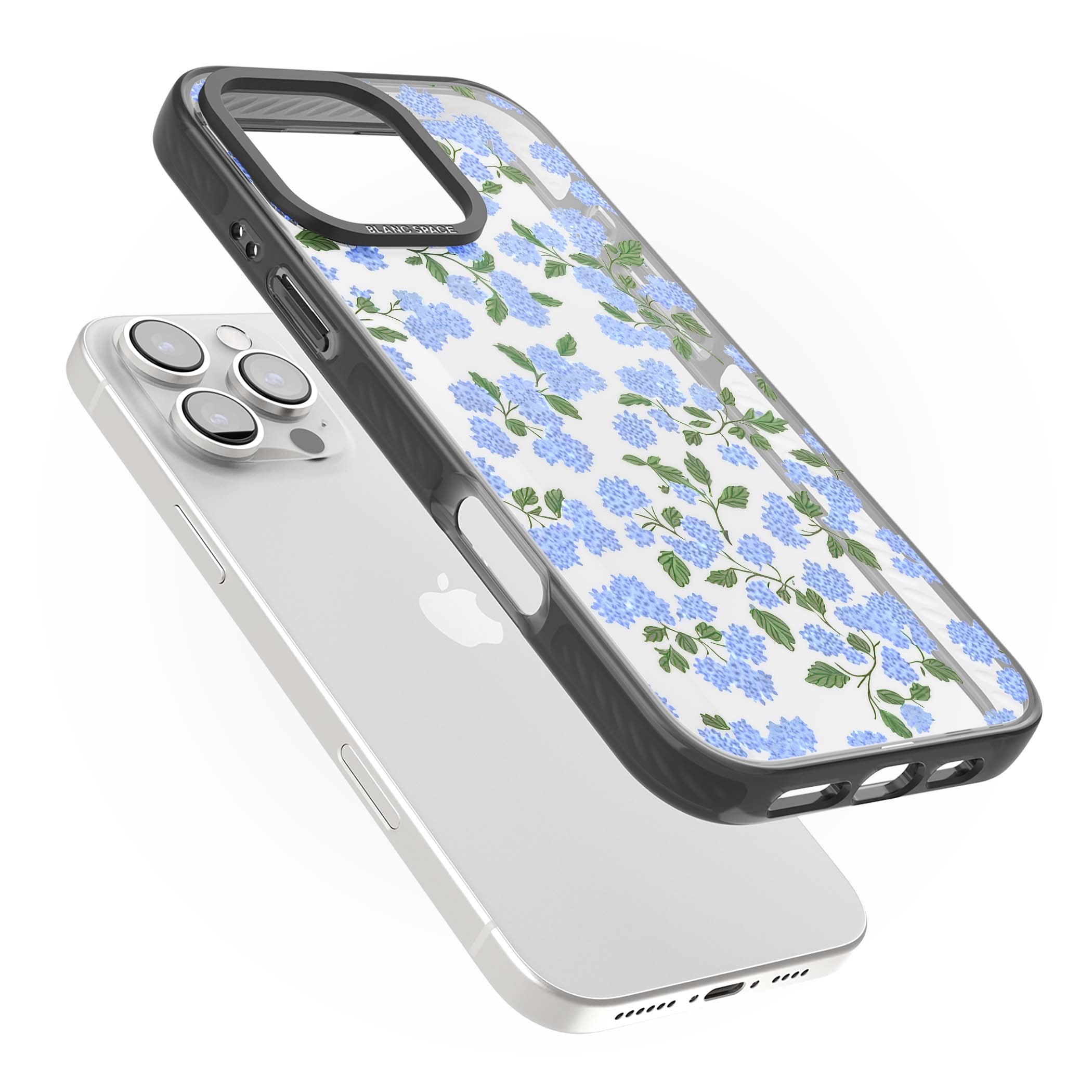 Hydrangea Dreams cottagecore iPhone case featuring soft blue hydrangea flower clusters and green leaves | Black Impact case for iPhone 16 Pro, iPhone 16 Pro Max