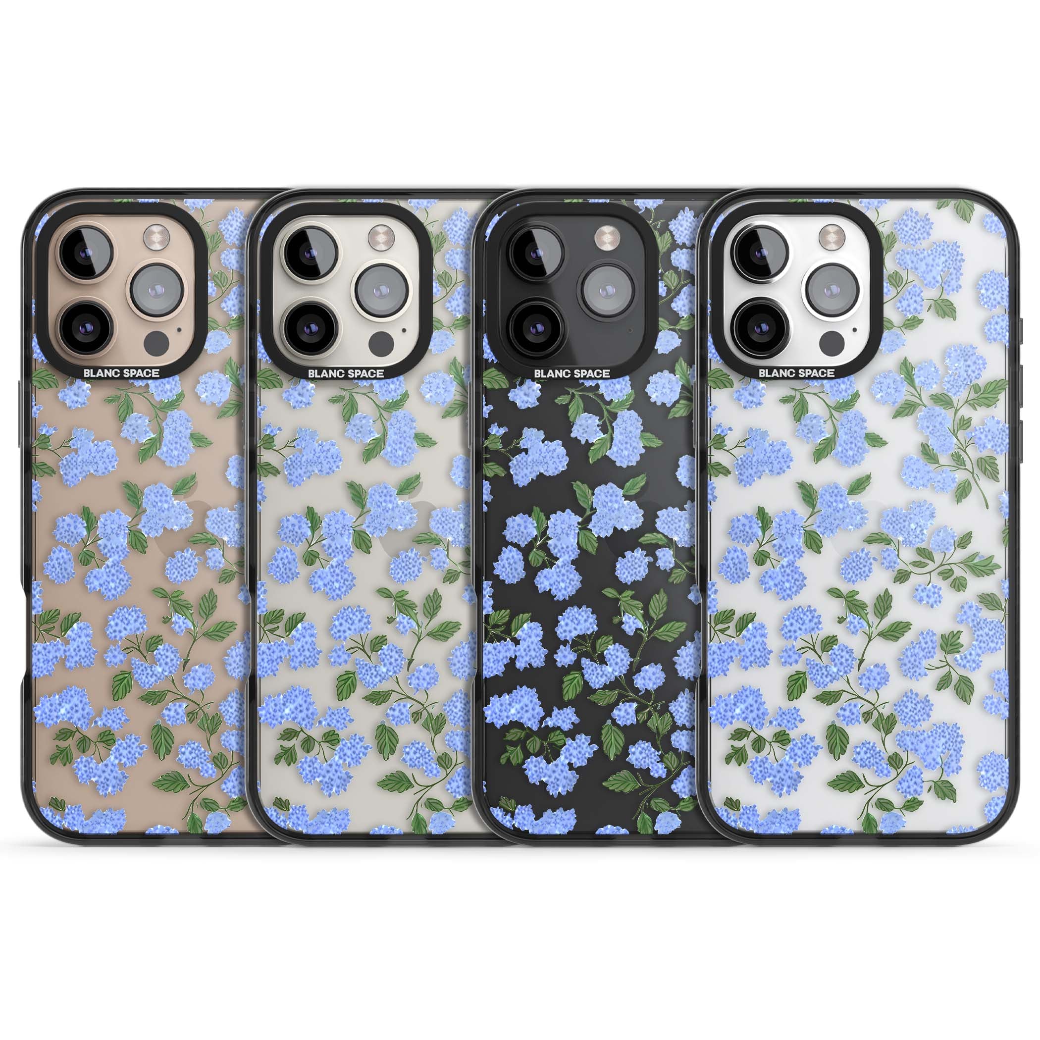 Hydrangea Dreams cottagecore iPhone case featuring soft blue hydrangea flower clusters and green leaves | Black Impact case for iPhone 16 Pro, iPhone 16 Pro Max