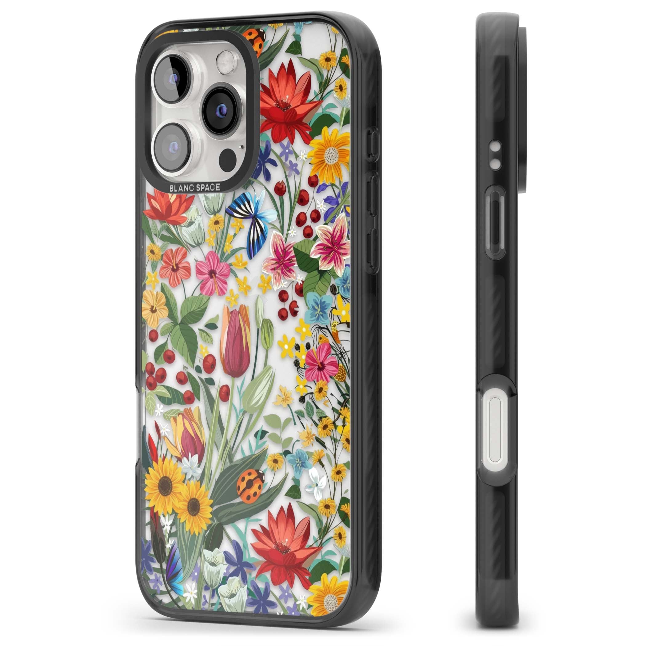Botanical Bloom cottagecore iPhone case featuring colorful wildflowers, sunflowers, and ladybugs on clear background | Black Impact case for iPhone 16 Pro, iPhone 16 Pro Max