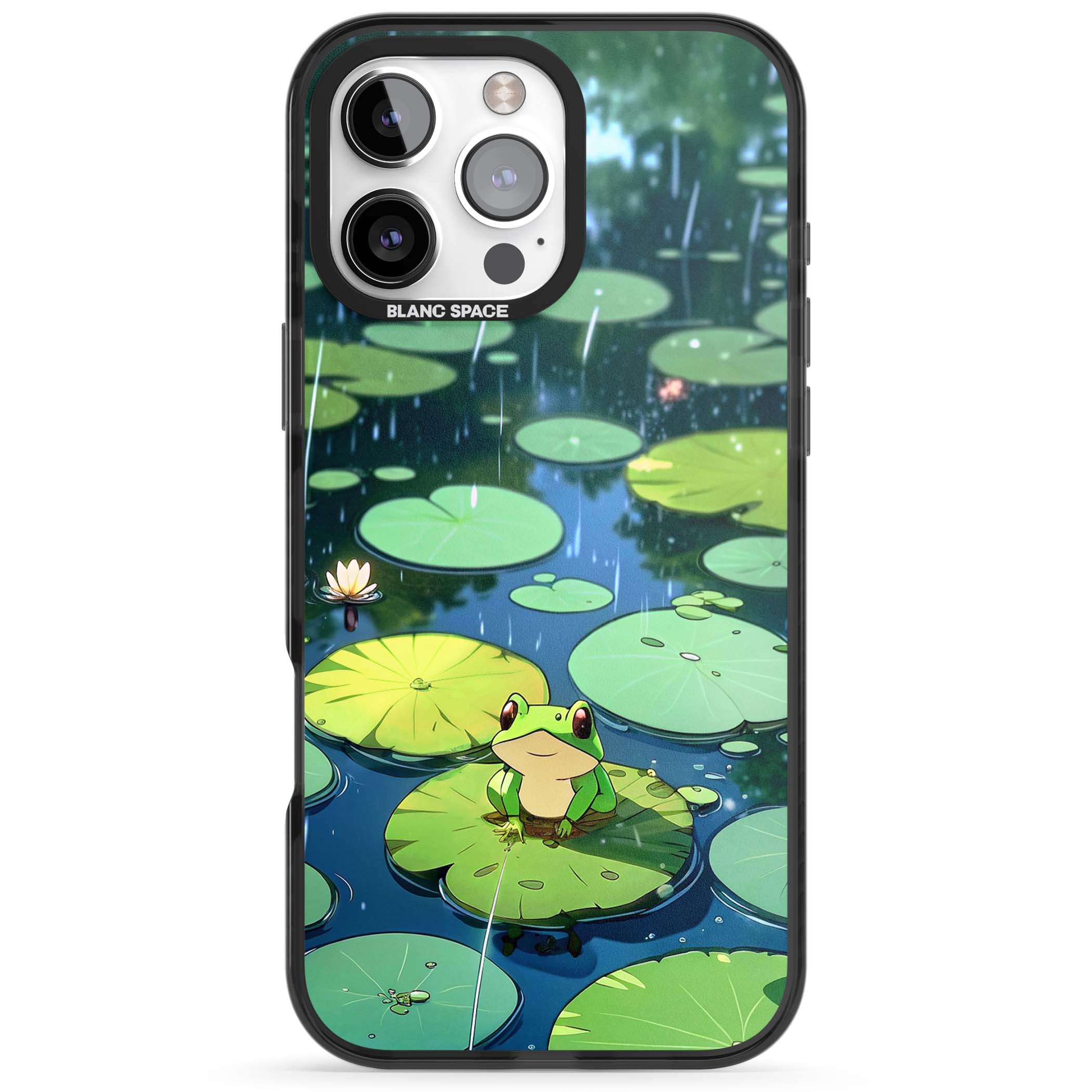 Frog In Lily Pond cottagecore iPhone case featuring a cute green frog on a lily pad with falling rain and a lotus flower | Black Impact case for iPhone 16 Pro, iPhone 16 Pro Max