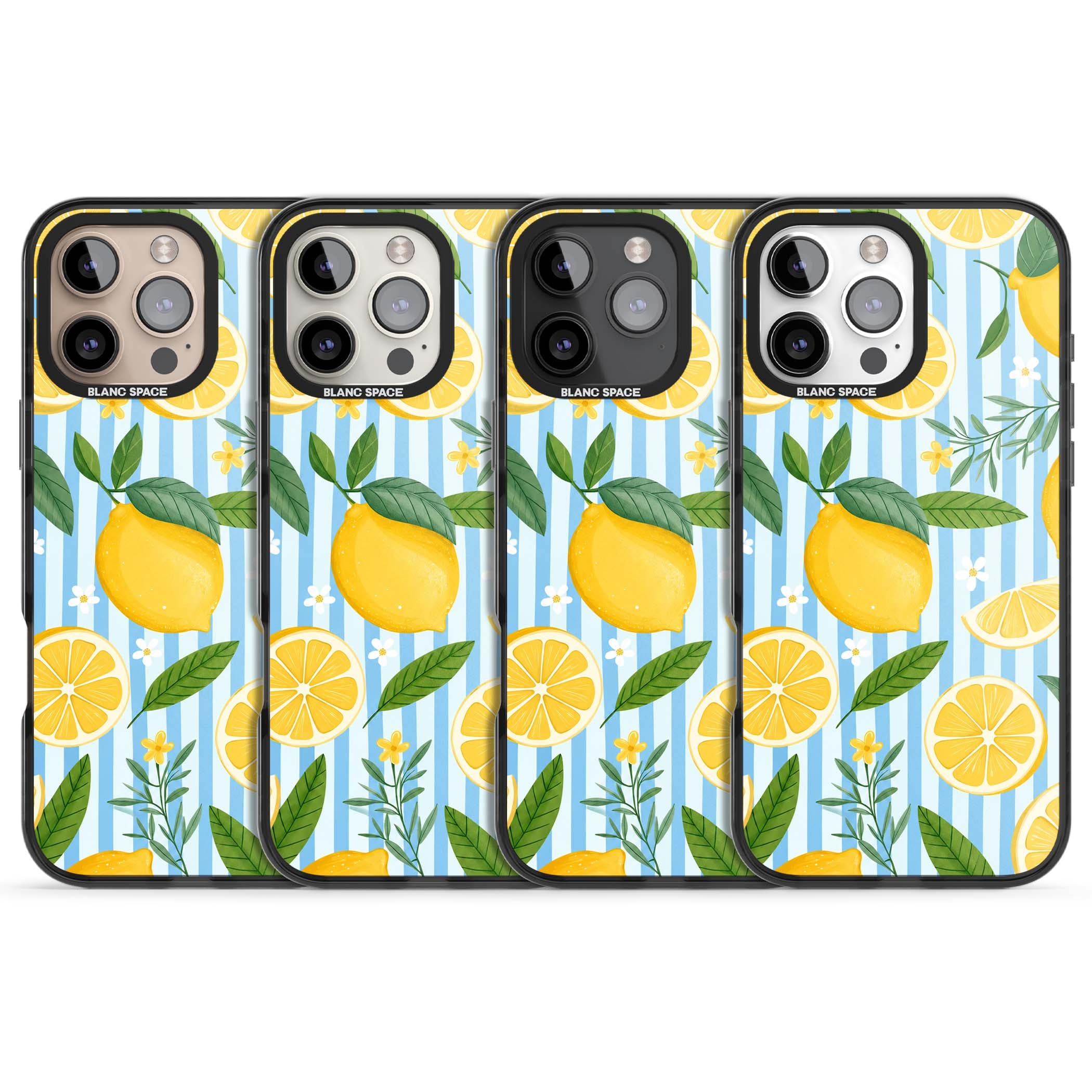 Capri Citrus Stripe coastal iPhone case featuring yellow lemons, blue stripes, and white daisy blossoms | Black Impact case for iPhone 16 Pro, iPhone 16 Pro Max