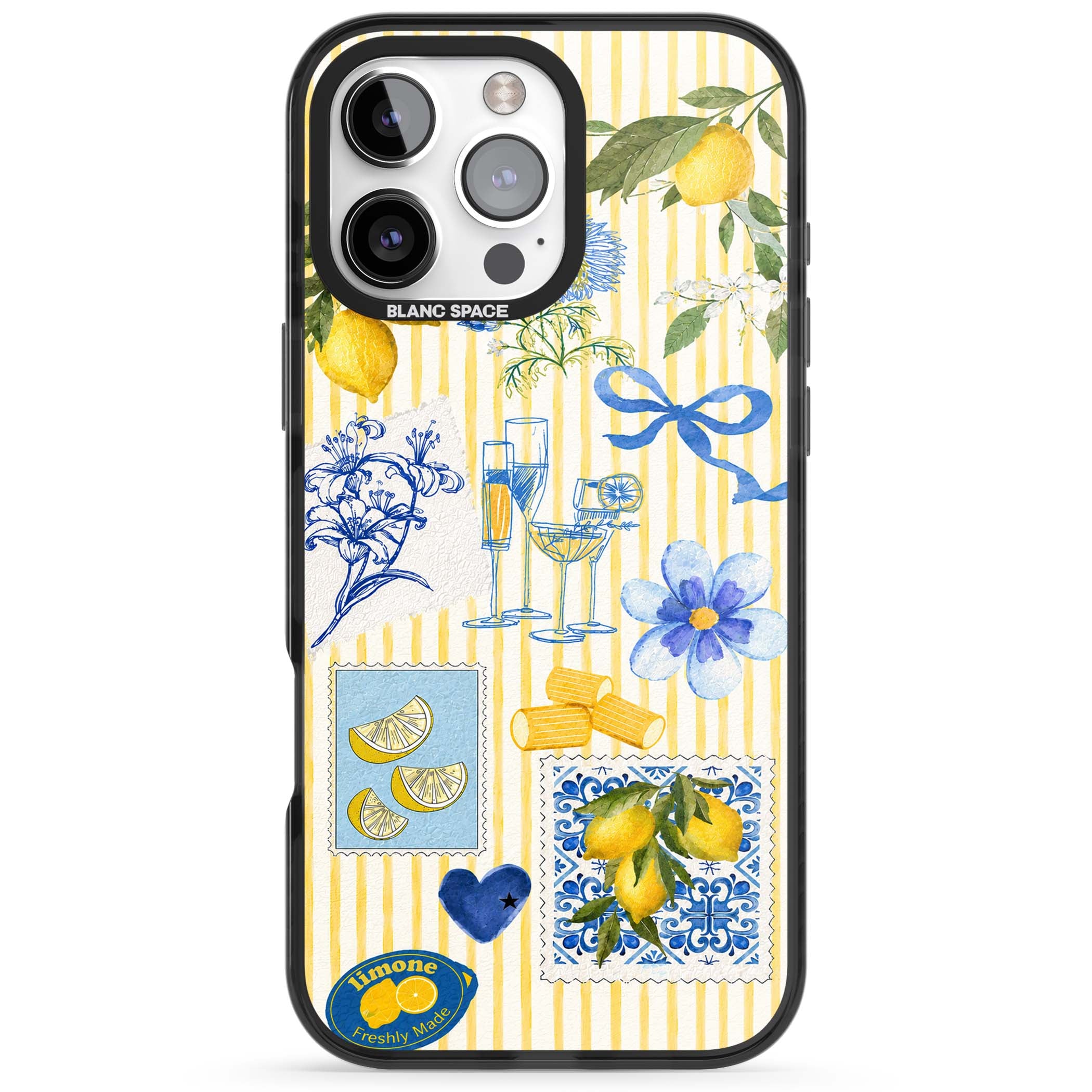Limone Riviera Italian summer iPhone case featuring watercolour lemons, blue ribbon bows and majolica tile stamps on... | Black Impact case for iPhone 16 Pro, iPhone 16 Pro Max