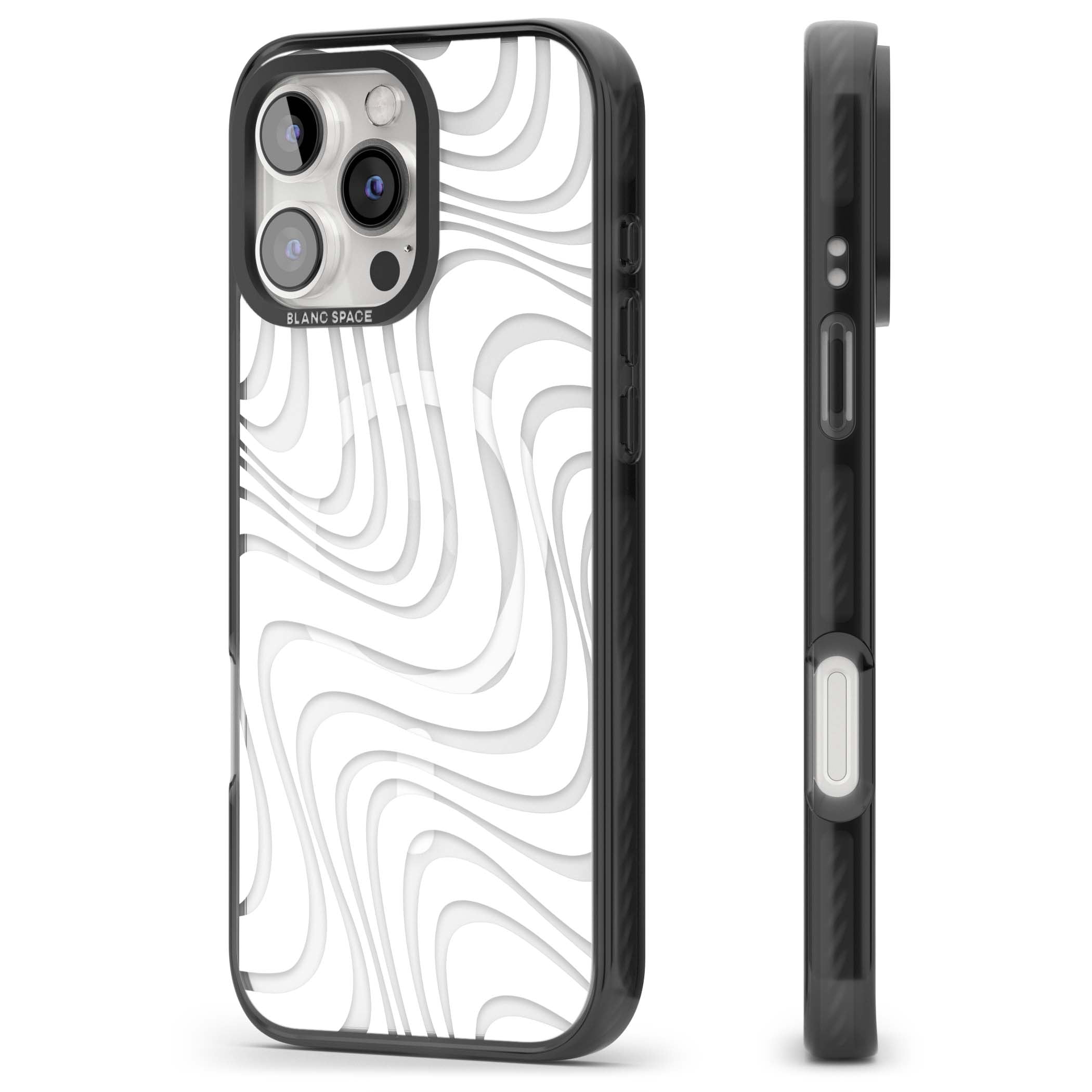 White Abstract Waves abstract iPhone case featuring flowing grey wave pattern on clear background | Black Impact Magsafe case for iPhone 16 Pro, iPhone 16 Pro Max