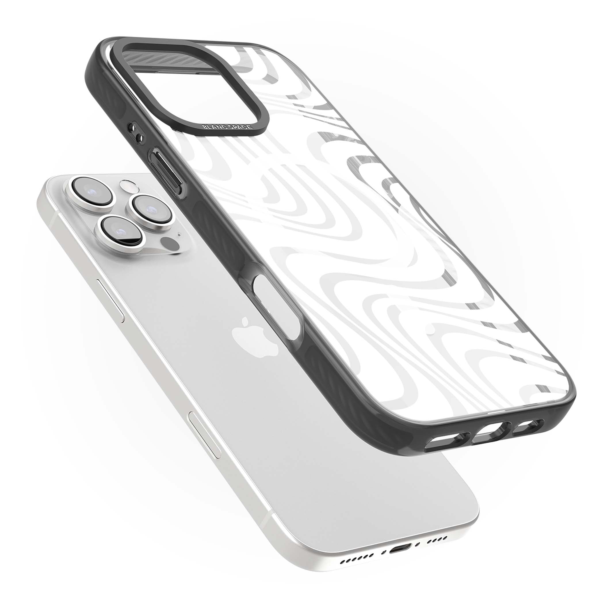 White Abstract Waves abstract iPhone case featuring flowing grey wave pattern on clear background | Black Impact Magsafe case for iPhone 16 Pro, iPhone 16 Pro Max