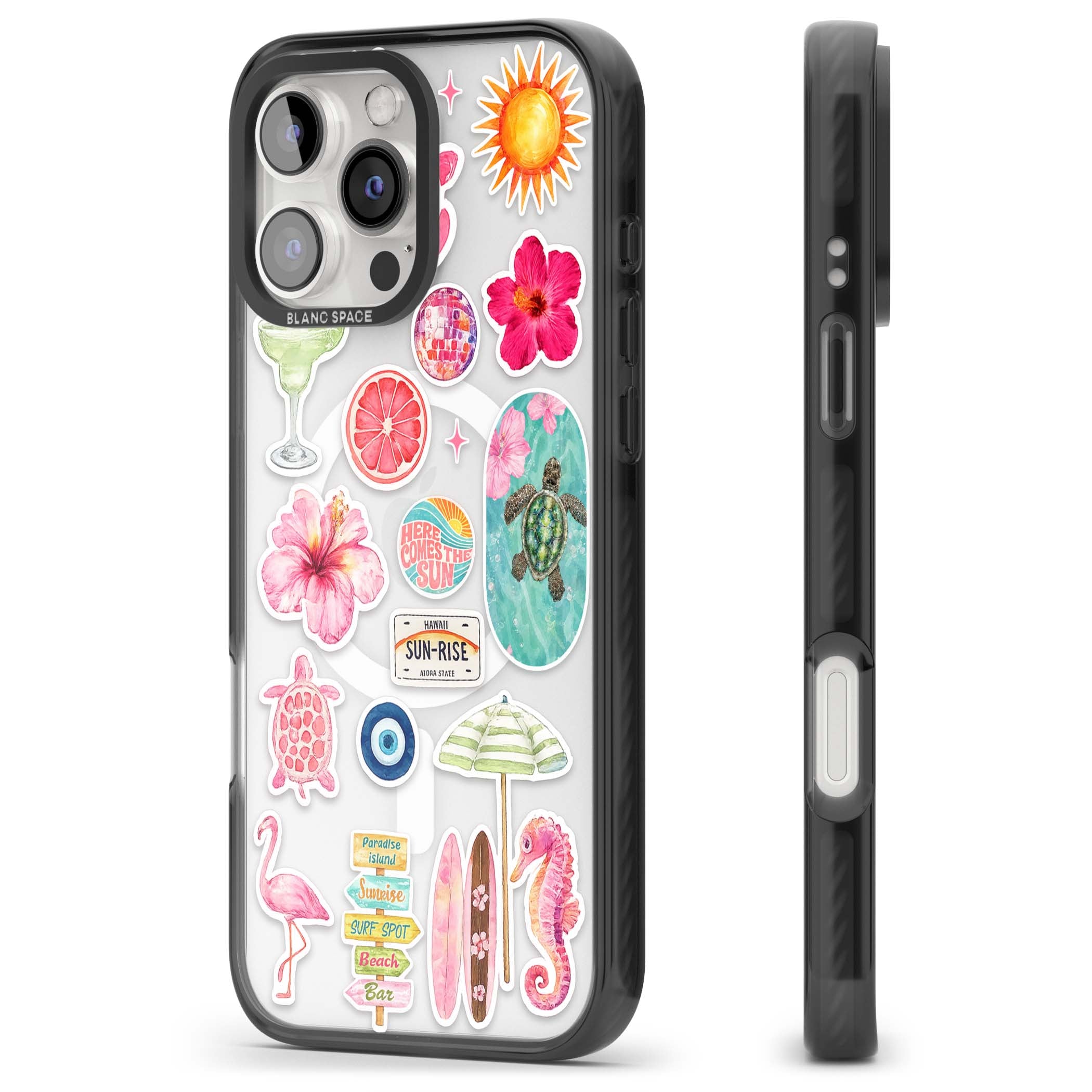 Aloha Sticker Mix tropical summer iPhone case featuring pink hibiscus, sea turtles, flamingo and beach umbrella stickers | Black Impact Magsafe case for iPhone 16 Pro, iPhone 16 Pro Max