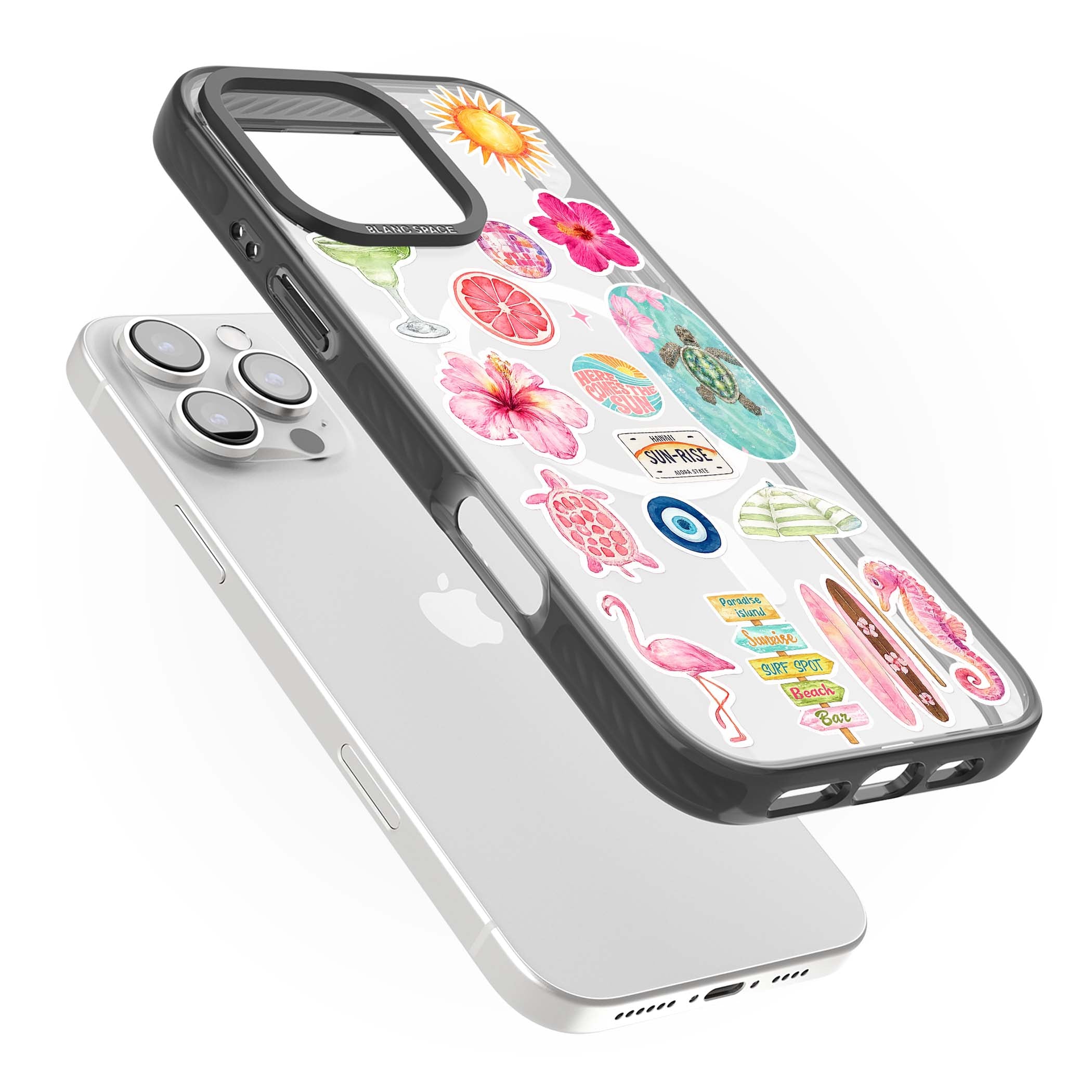 Aloha Sticker Mix tropical summer iPhone case featuring pink hibiscus, sea turtles, flamingo and beach umbrella stickers | Black Impact Magsafe case for iPhone 16 Pro, iPhone 16 Pro Max