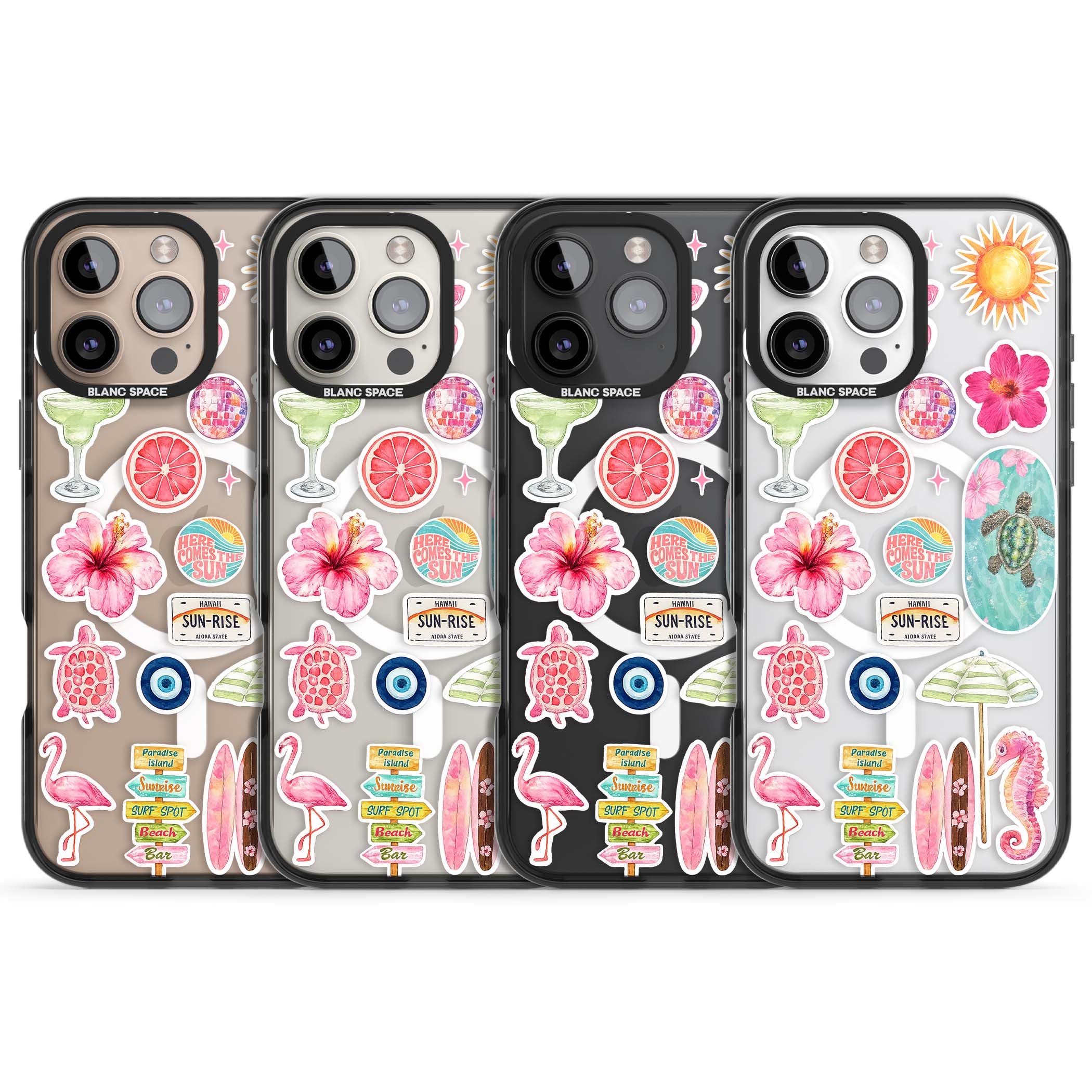 Aloha Sticker Mix tropical summer iPhone case featuring pink hibiscus, sea turtles, flamingo and beach umbrella stickers | Black Impact Magsafe case for iPhone 16 Pro, iPhone 16 Pro Max