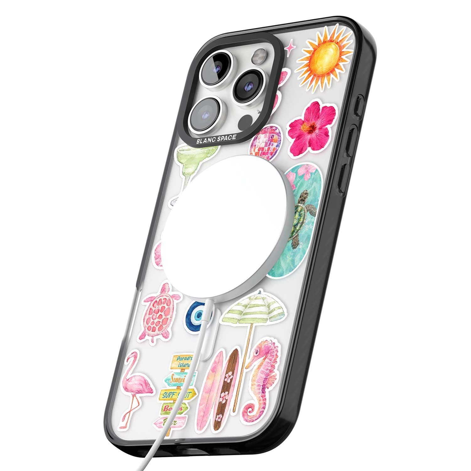 Aloha Sticker Mix tropical summer iPhone case featuring pink hibiscus, sea turtles, flamingo and beach umbrella stickers | Black Impact Magsafe case for iPhone 16 Pro, iPhone 16 Pro Max