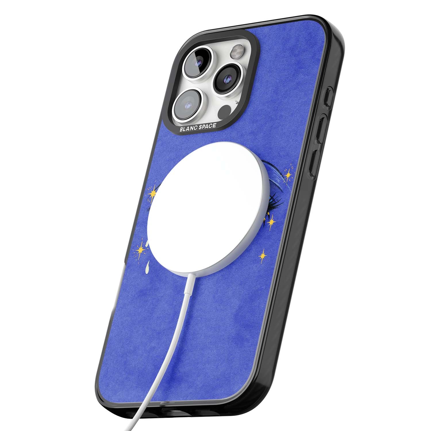 Blue Mystic Eyes celestial iPhone case featuring hand drawn blue mystical eyes, golden stars and a painted tear on indigo | Black Impact Magsafe case for iPhone 16 Pro, iPhone 16 Pro Max