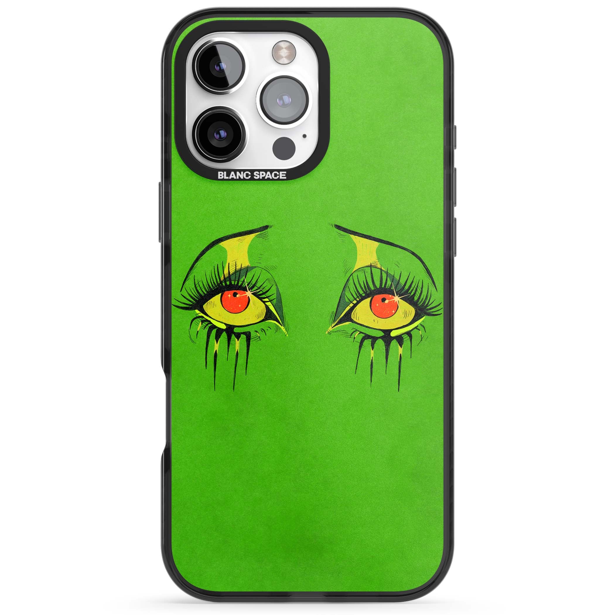 Green Enchanted Eyes psychedelic art iPhone case featuring hand-drawn dripping eyes on neon green background | Black Impact Magsafe case for iPhone 16 Pro, iPhone 16 Pro Max