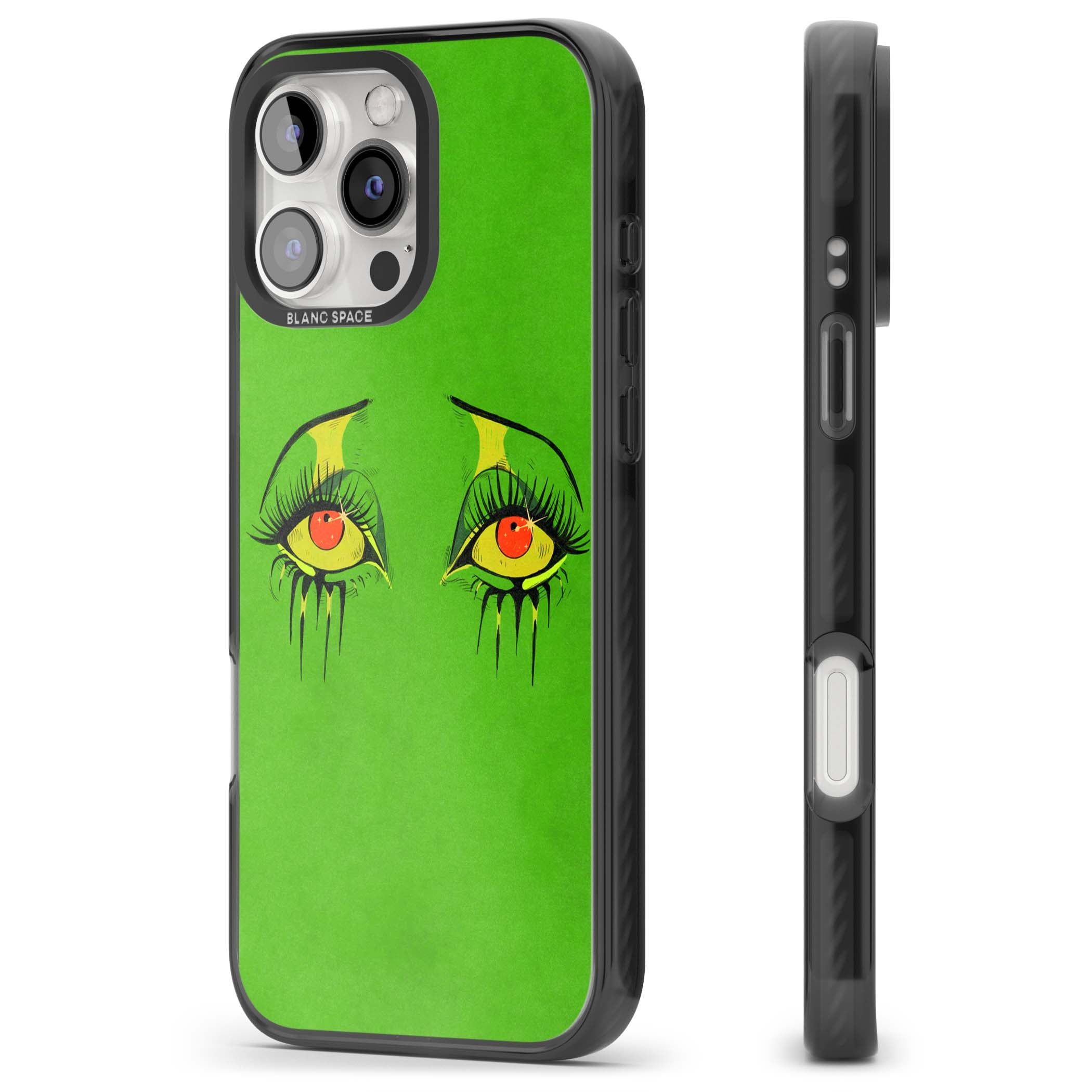 Green Enchanted Eyes psychedelic art iPhone case featuring hand-drawn dripping eyes on neon green background | Black Impact Magsafe case for iPhone 16 Pro, iPhone 16 Pro Max