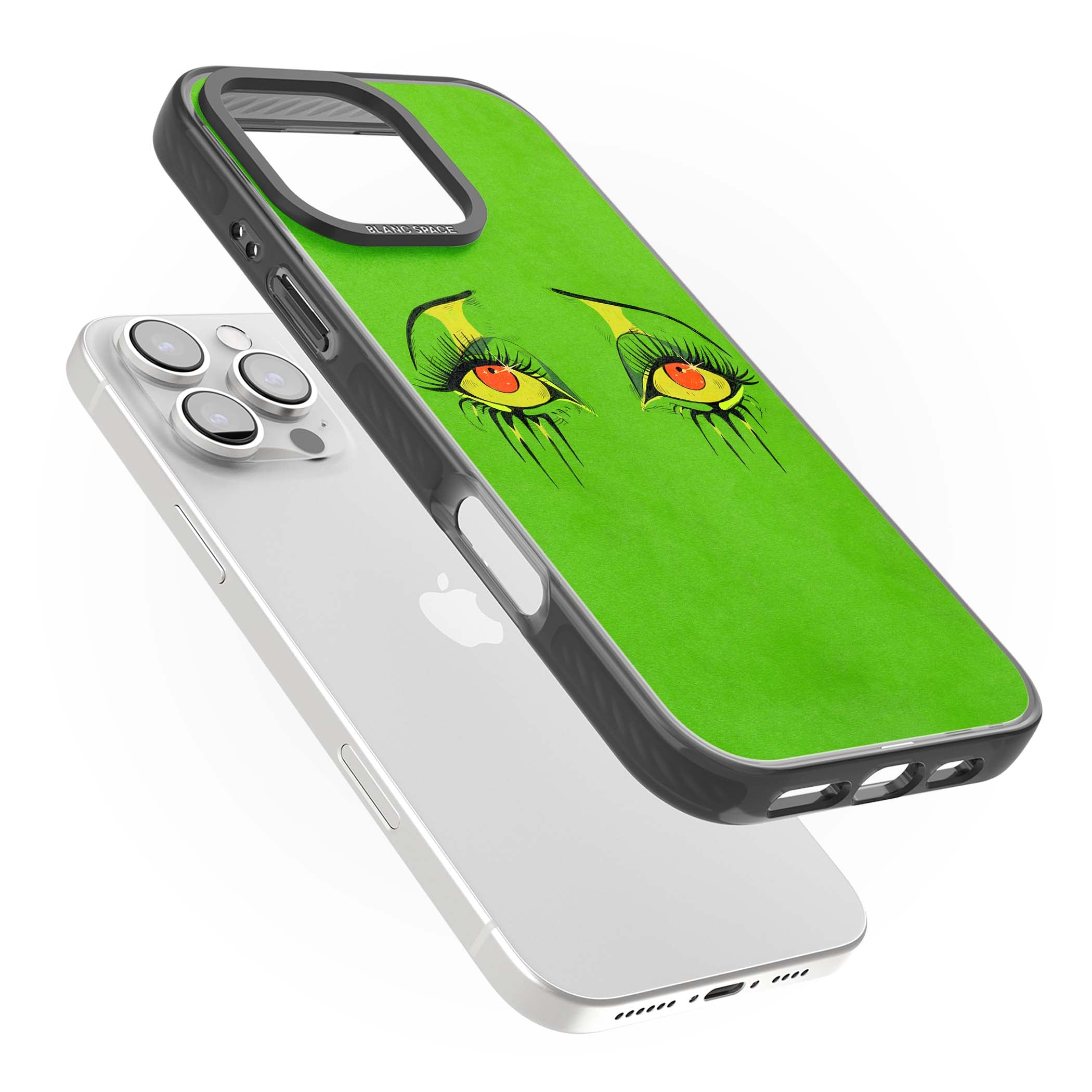 Green Enchanted Eyes psychedelic art iPhone case featuring hand-drawn dripping eyes on neon green background | Black Impact Magsafe case for iPhone 16 Pro, iPhone 16 Pro Max
