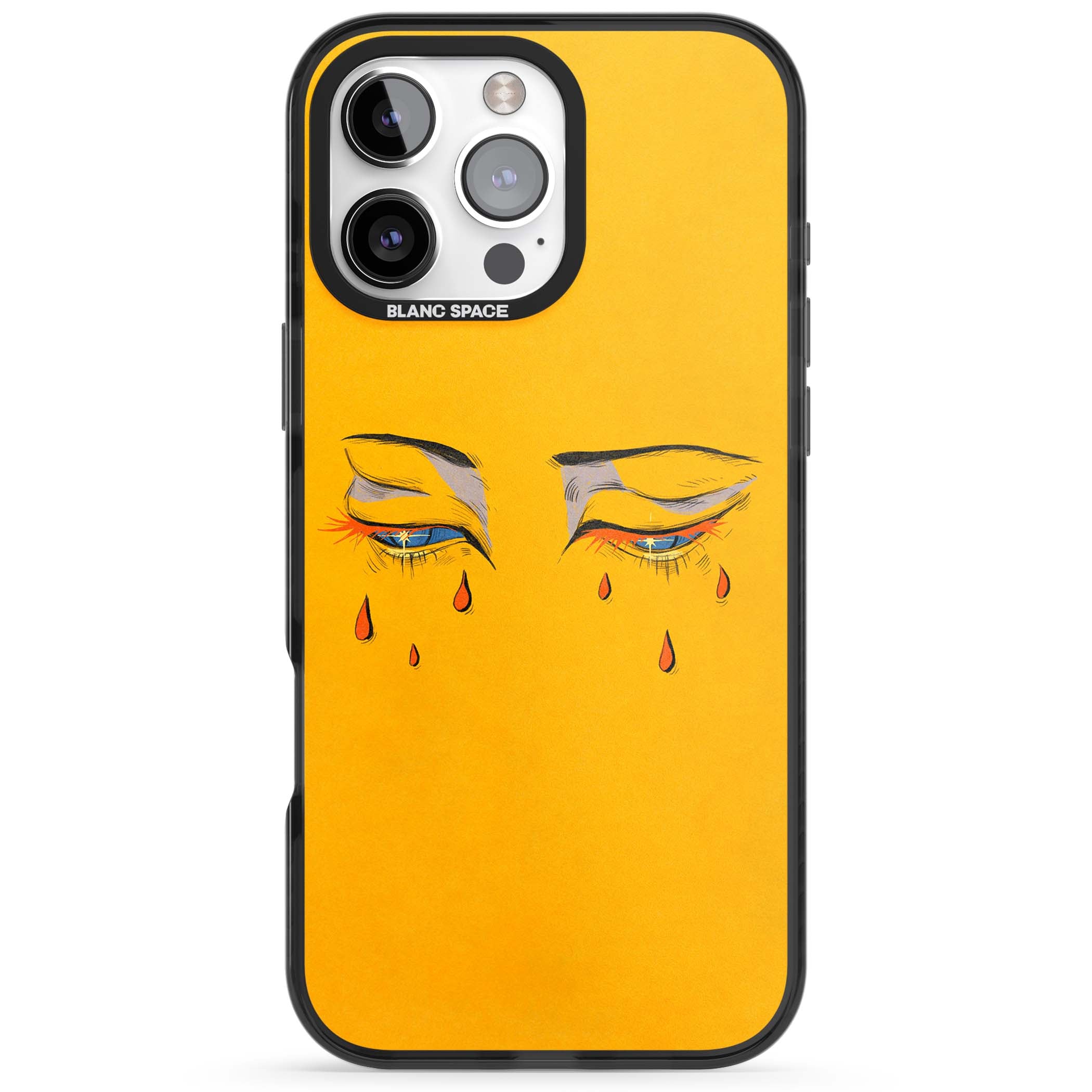 Yellow Tearful Eyes indie iPhone case featuring hand-drawn crying eyes with orange tears on a yellow background | Black Impact Magsafe case for iPhone 16 Pro, iPhone 16 Pro Max