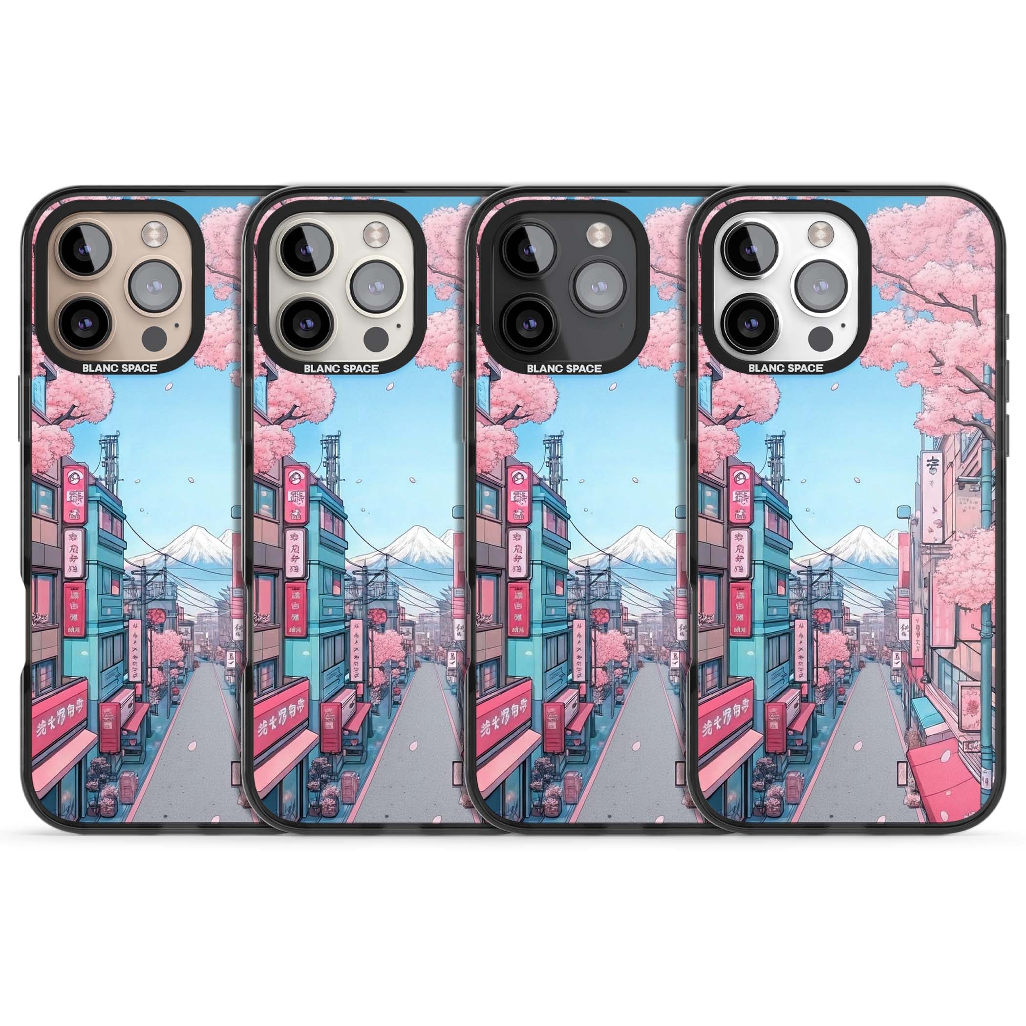 Sakura Lane anime iPhone case featuring Tokyo street scene with cherry blossoms and Mount Fuji | Black Impact Magsafe case for iPhone 16 Pro, iPhone 16 Pro Max