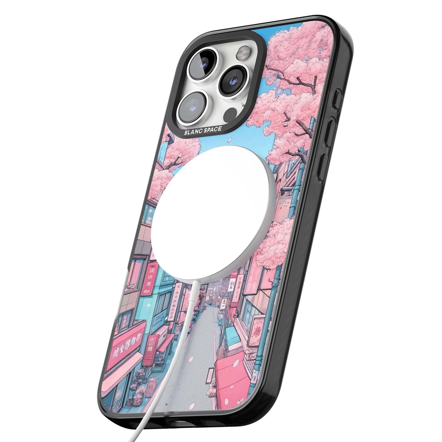 Sakura Lane anime iPhone case featuring Tokyo street scene with cherry blossoms and Mount Fuji | Black Impact Magsafe case for iPhone 16 Pro, iPhone 16 Pro Max