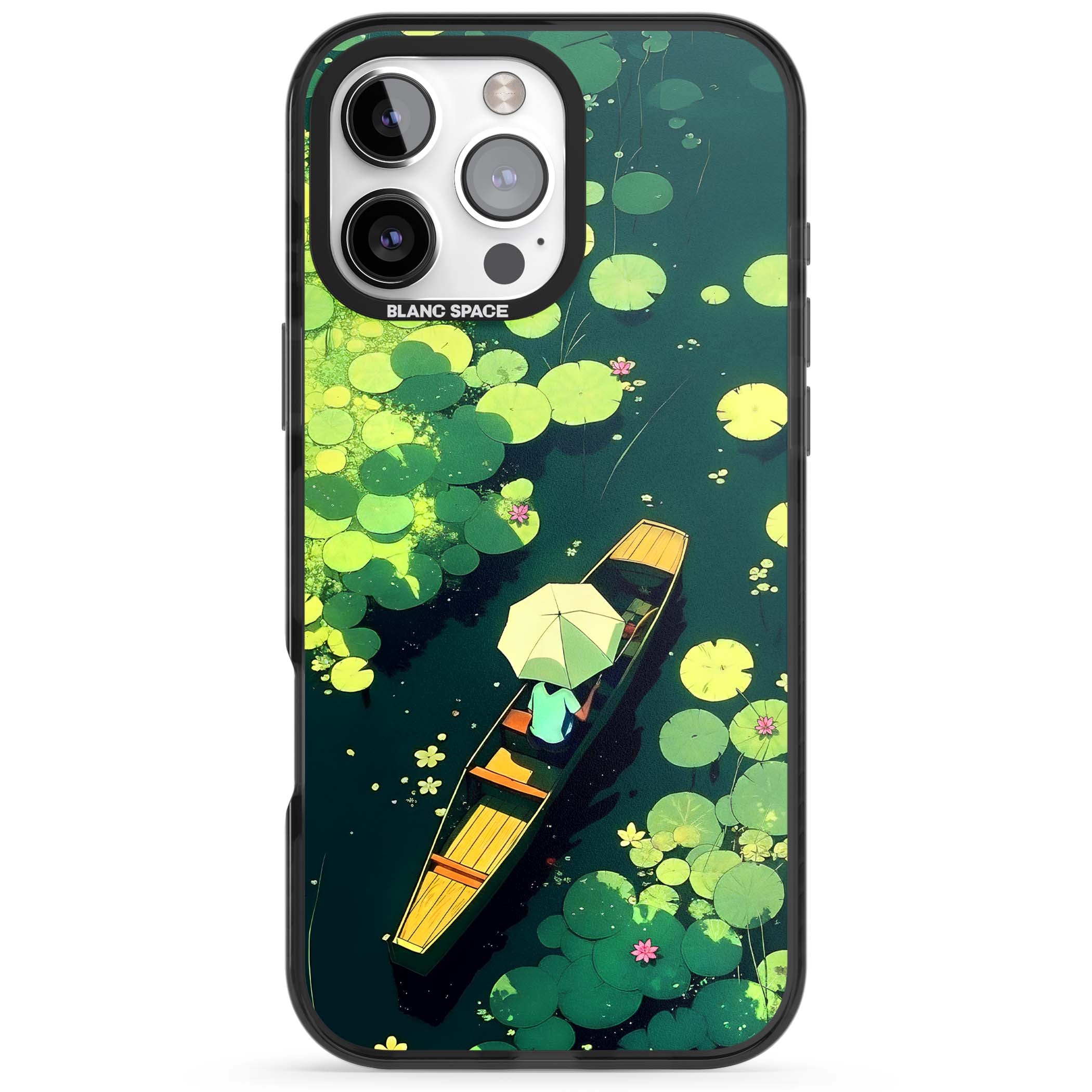 Jade Waters cottagecore iPhone case featuring a painted lily pond, wooden boat with parasol and floating water lilies | Black Impact Magsafe case for iPhone 16 Pro, iPhone 16 Pro Max