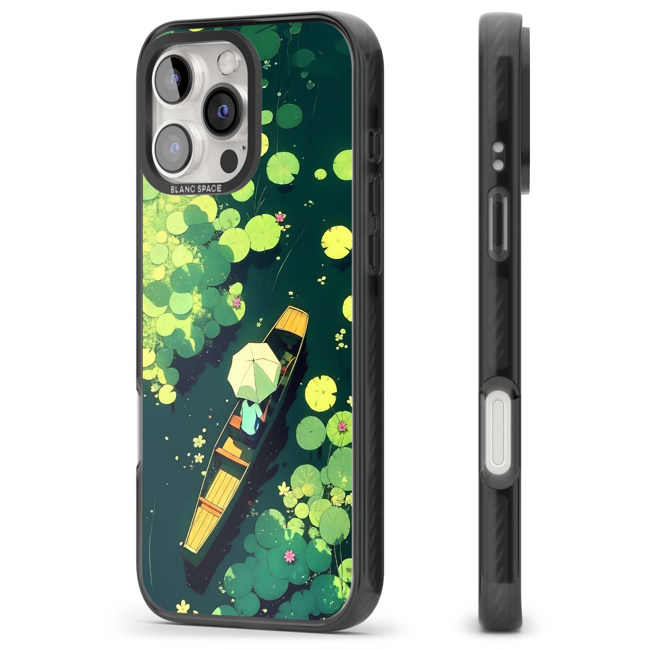 Jade Waters cottagecore iPhone case featuring a painted lily pond, wooden boat with parasol and floating water lilies | Black Impact Magsafe case for iPhone 16 Pro, iPhone 16 Pro Max