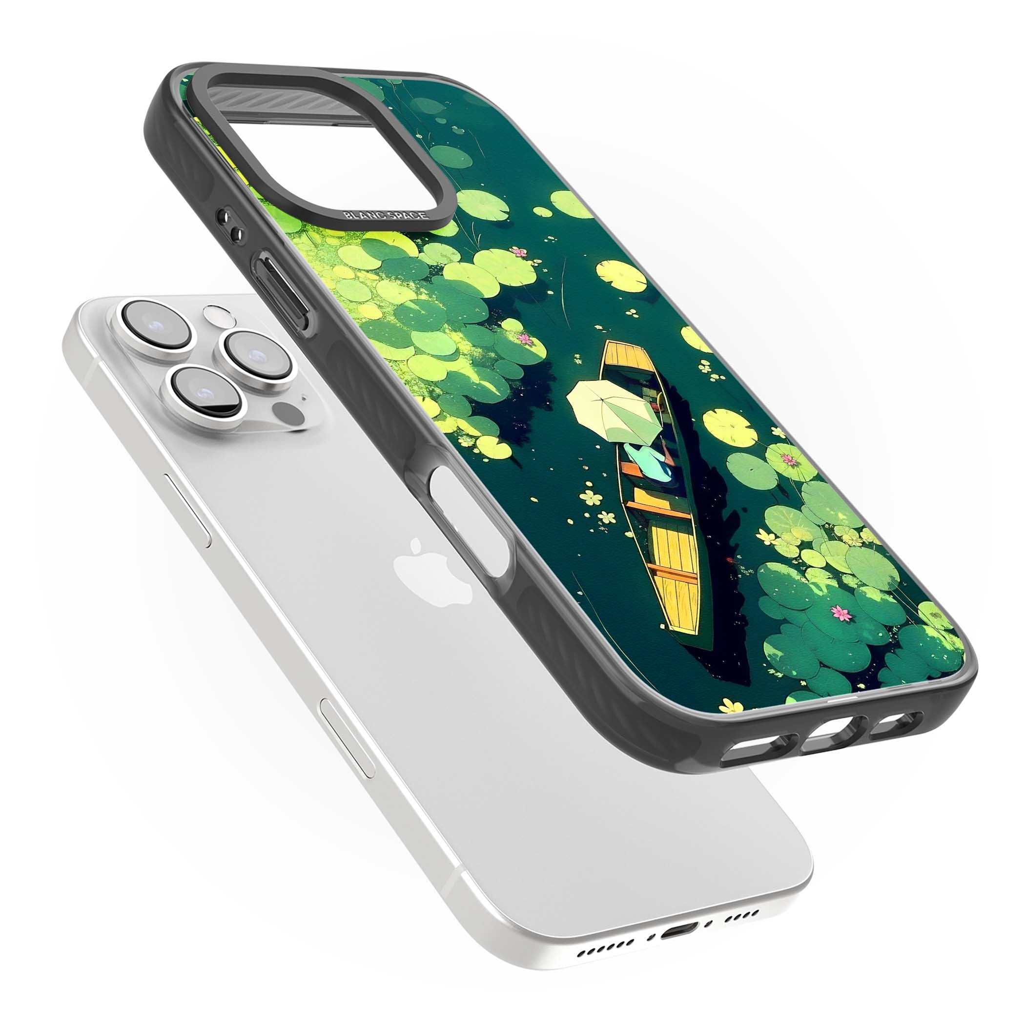Jade Waters cottagecore iPhone case featuring a painted lily pond, wooden boat with parasol and floating water lilies | Black Impact Magsafe case for iPhone 16 Pro, iPhone 16 Pro Max