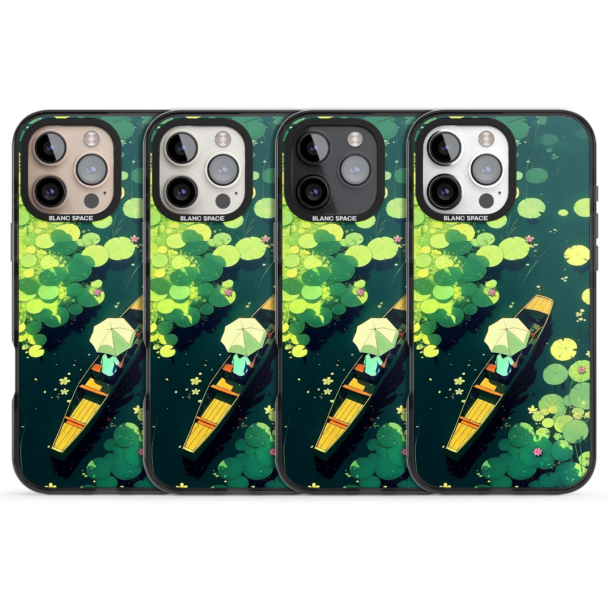 Jade Waters cottagecore iPhone case featuring a painted lily pond, wooden boat with parasol and floating water lilies | Black Impact Magsafe case for iPhone 16 Pro, iPhone 16 Pro Max