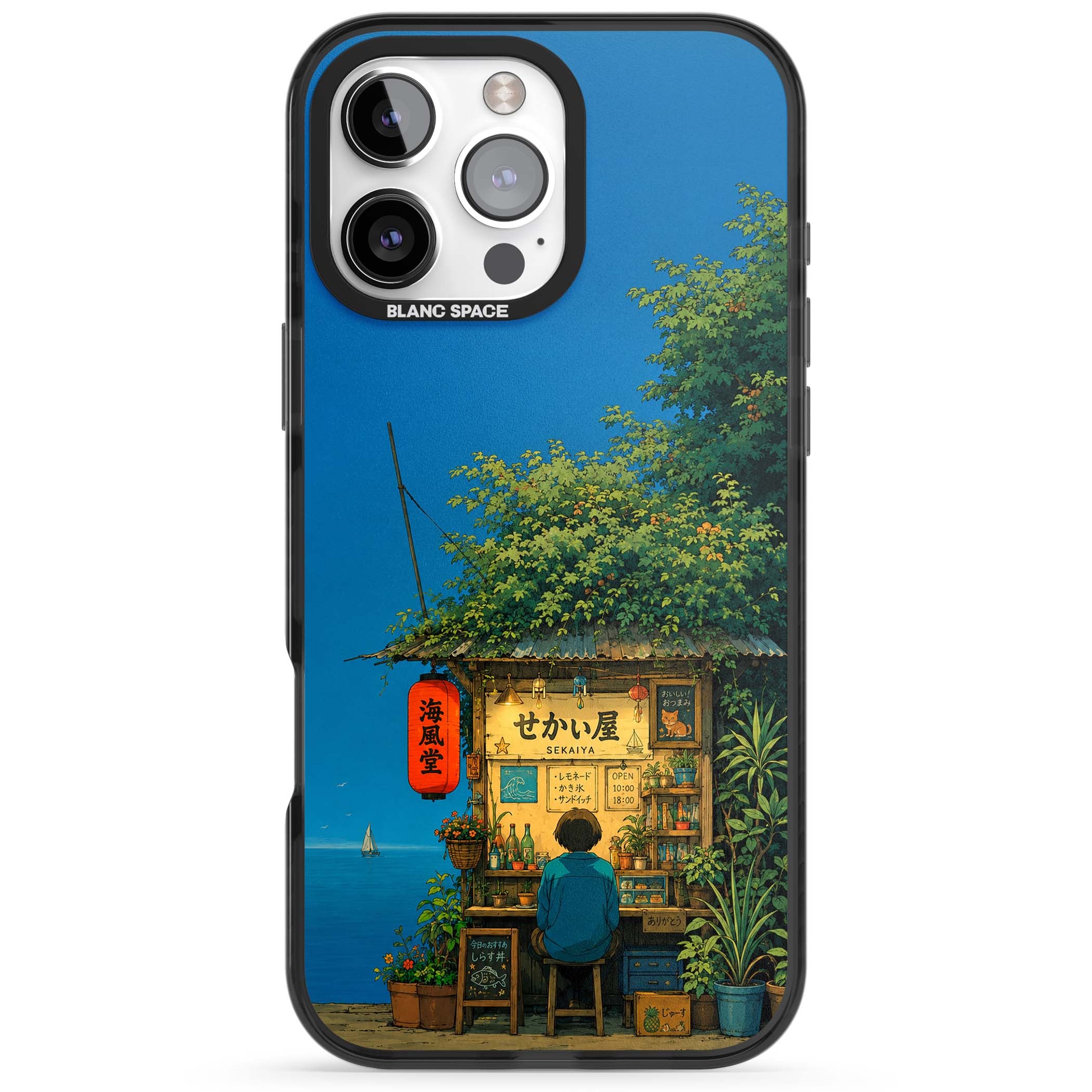 The Shirahama Kiosk anime iPhone case featuring a Japanese seaside shop, red paper lantern and ocean view | Black Impact Magsafe case for iPhone 16 Pro, iPhone 16 Pro Max
