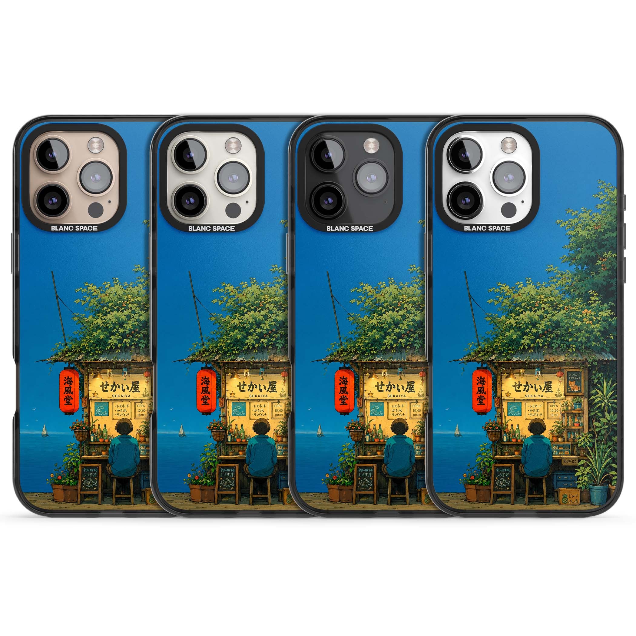 The Shirahama Kiosk anime iPhone case featuring a Japanese seaside shop, red paper lantern and ocean view | Black Impact Magsafe case for iPhone 16 Pro, iPhone 16 Pro Max