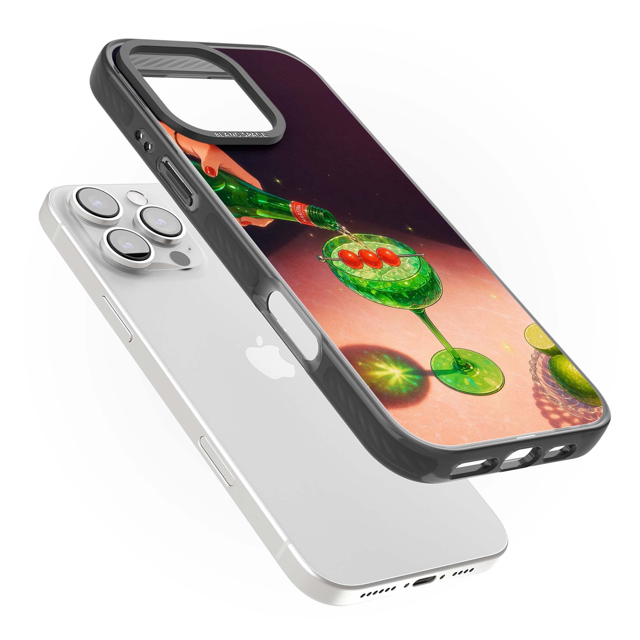 Absinthe Hour cocktail iPhone case featuring a green coupe glass, cherry garnish and vintage bottle pour illustration | Black Impact Magsafe case for iPhone 16 Pro, iPhone 16 Pro Max