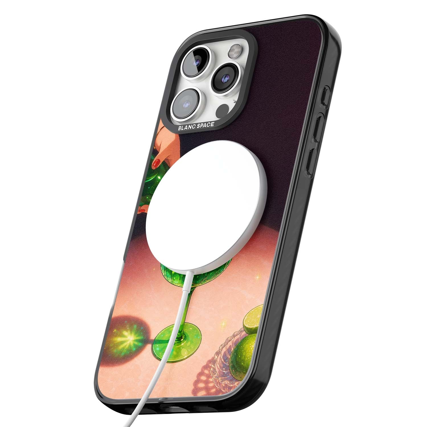 Absinthe Hour cocktail iPhone case featuring a green coupe glass, cherry garnish and vintage bottle pour illustration | Black Impact Magsafe case for iPhone 16 Pro, iPhone 16 Pro Max