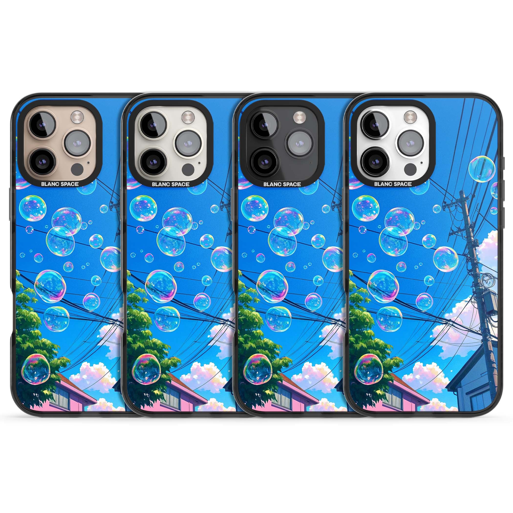 Suburban Bubbles anime iPhone case featuring iridescent soap bubbles, blue sky and Japanese telephone wires | Black Impact Magsafe case for iPhone 16 Pro, iPhone 16 Pro Max