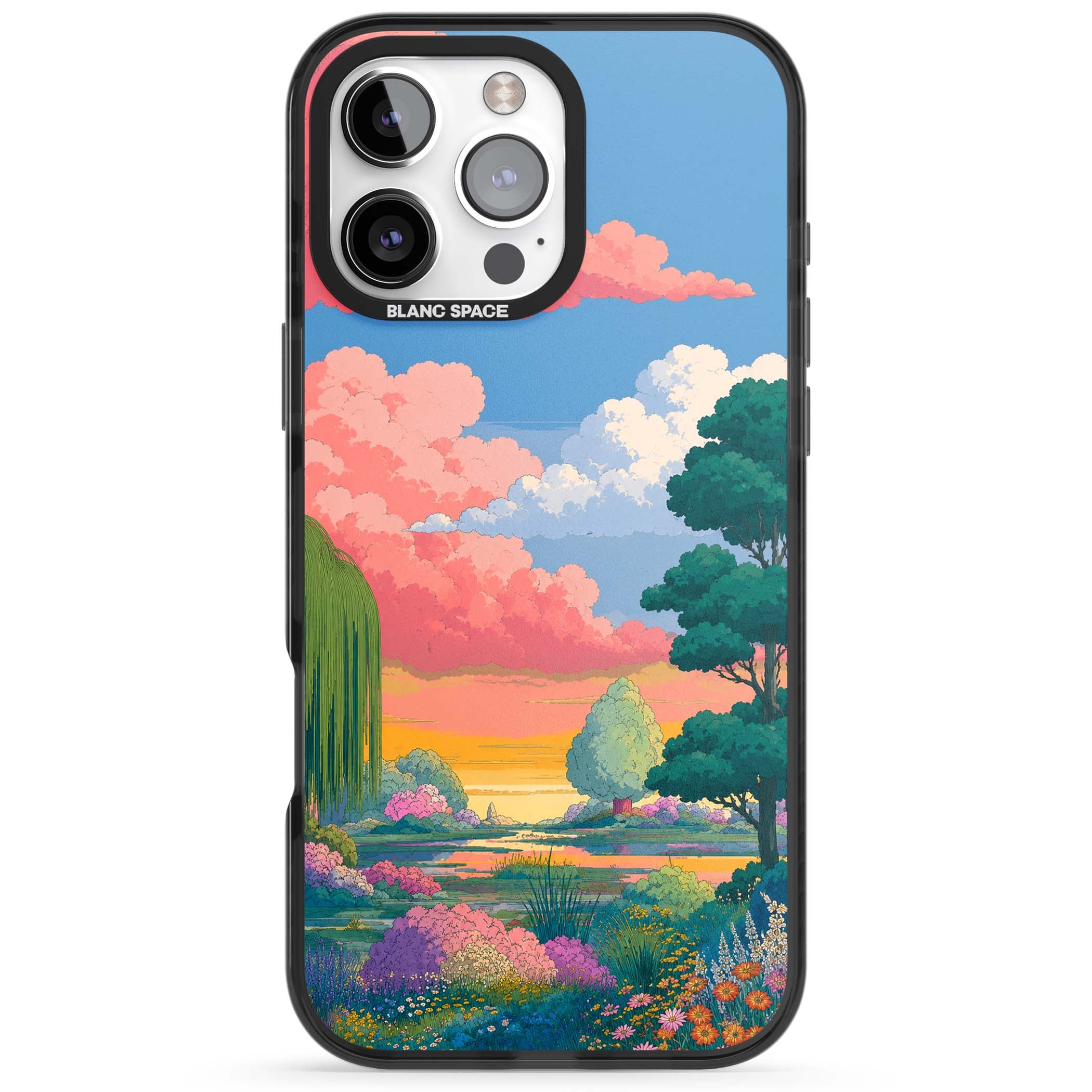 Dream Valley anime landscape iPhone case featuring pink sunset clouds, willow trees and wildflowers | Black Impact Magsafe case for iPhone 16 Pro, iPhone 16 Pro Max