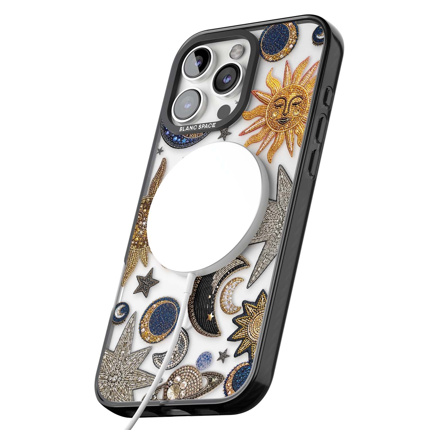 Beaded Cosmos celestial iPhone case featuring embroidered golden suns, beaded planets and silver shooting stars | Black Impact Magsafe case for iPhone 16 Pro, iPhone 16 Pro Max