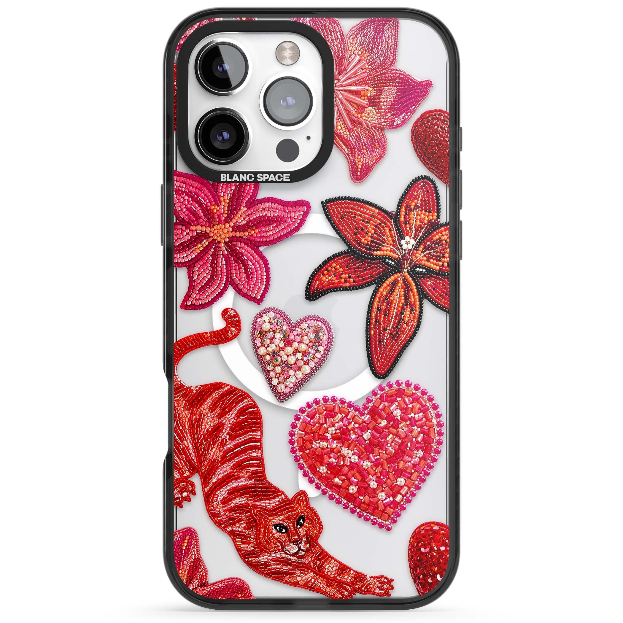 Beaded Boho floral iPhone case featuring beaded red lilies, a stitched tiger, and pearl-encrusted hearts on clear | Black Impact Magsafe case for iPhone 16 Pro, iPhone 16 Pro Max