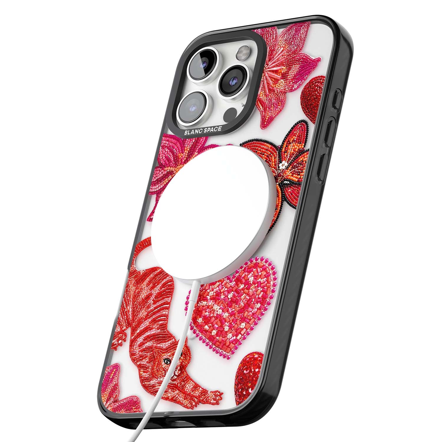 Beaded Boho floral iPhone case featuring beaded red lilies, a stitched tiger, and pearl-encrusted hearts on clear | Black Impact Magsafe case for iPhone 16 Pro, iPhone 16 Pro Max
