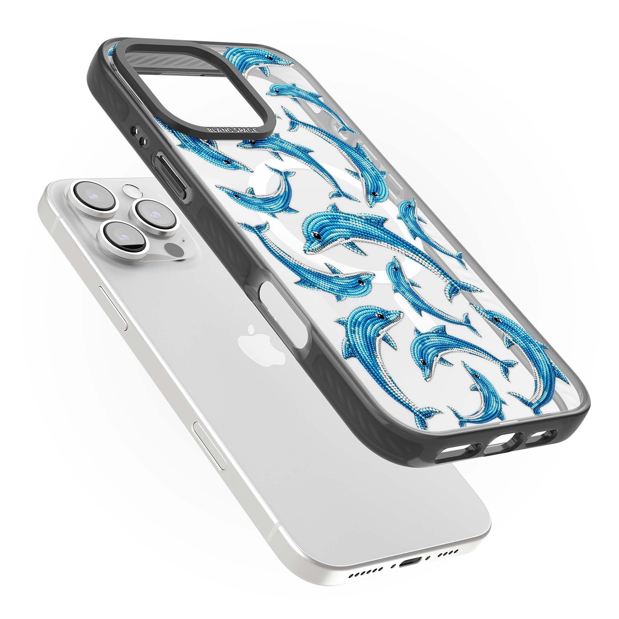 Beaded Dolphins coastal iPhone case featuring beaded dolphins in blue and white swimming across a clear background | Black Impact Magsafe case for iPhone 16 Pro, iPhone 16 Pro Max