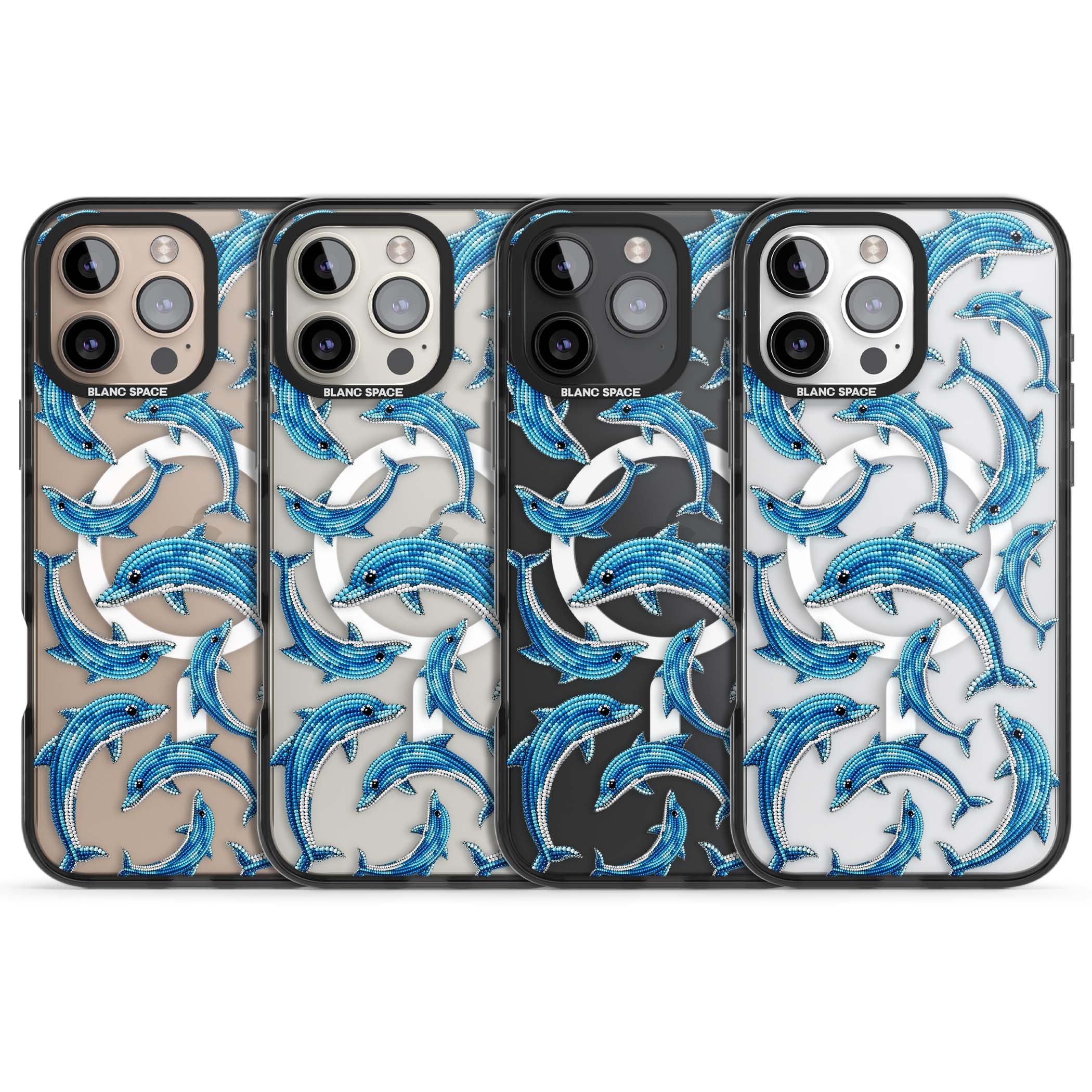 Beaded Dolphins coastal iPhone case featuring beaded dolphins in blue and white swimming across a clear background | Black Impact Magsafe case for iPhone 16 Pro, iPhone 16 Pro Max