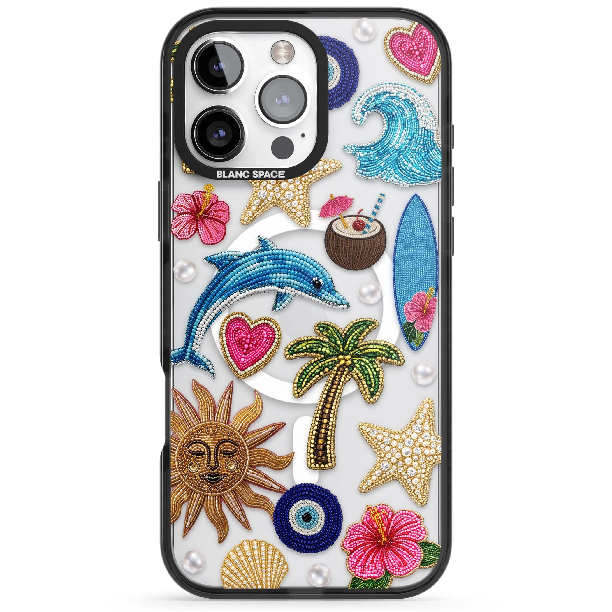 Beaded Beach coastal summer iPhone case featuring embroidered evil eye, hibiscus flowers, dolphin and palm tree patches | Black Impact Magsafe case for iPhone 16 Pro, iPhone 16 Pro Max