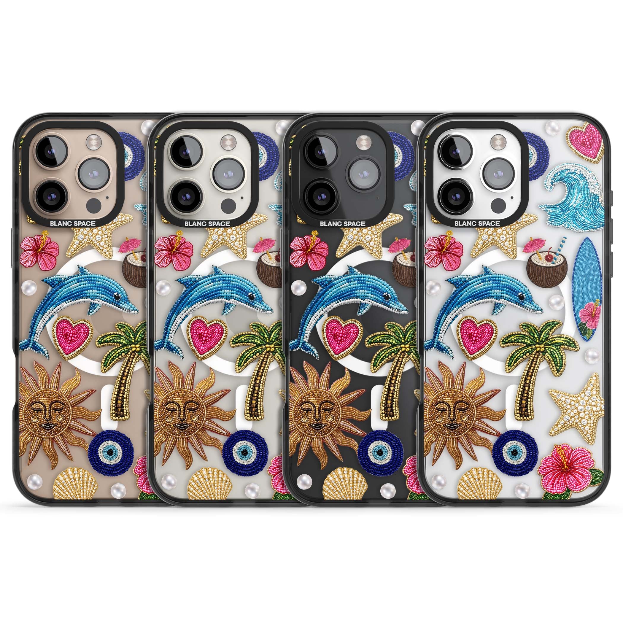 Beaded Beach coastal summer iPhone case featuring embroidered evil eye, hibiscus flowers, dolphin and palm tree patches | Black Impact Magsafe case for iPhone 16 Pro, iPhone 16 Pro Max