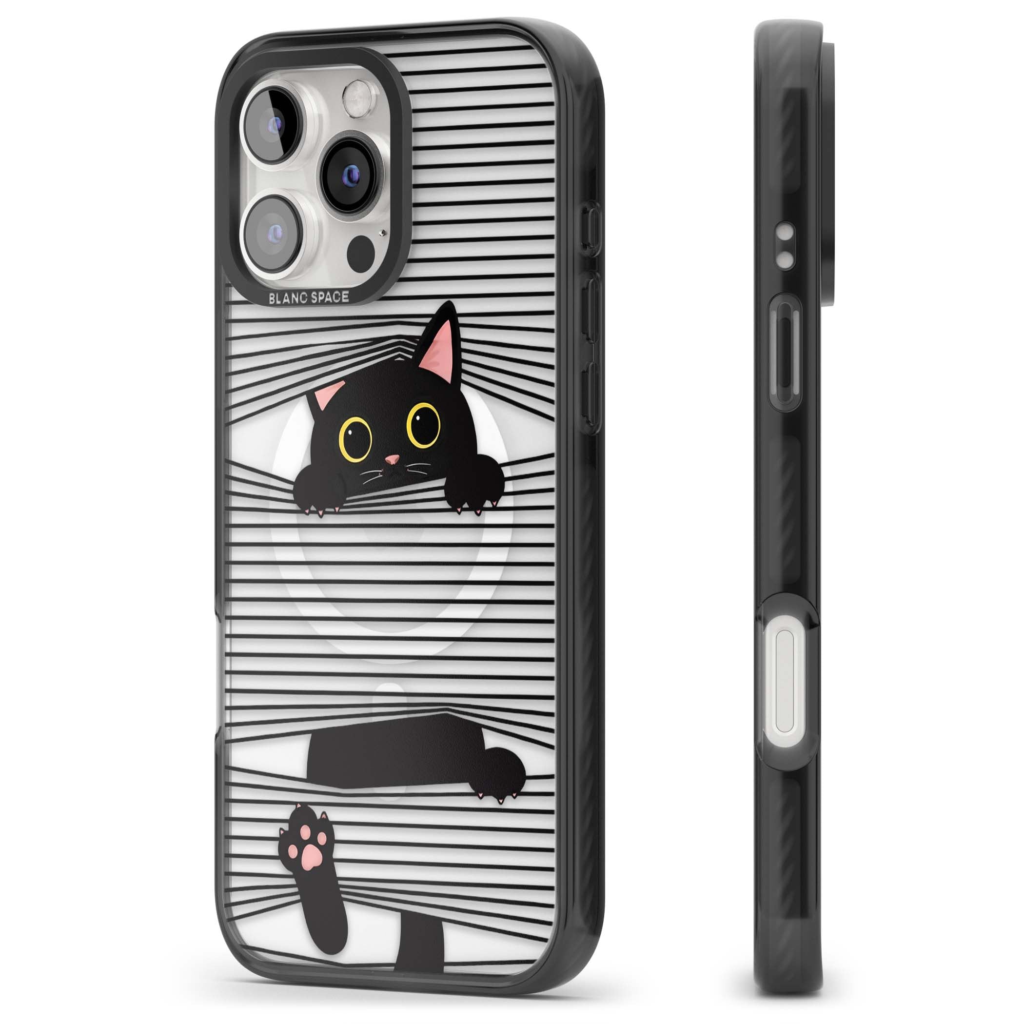 Peek-a-Boo Cat minimal iPhone case featuring black cat peeking through horizontal black and white stripes | Black Impact Magsafe case for iPhone 16 Pro, iPhone 16 Pro Max