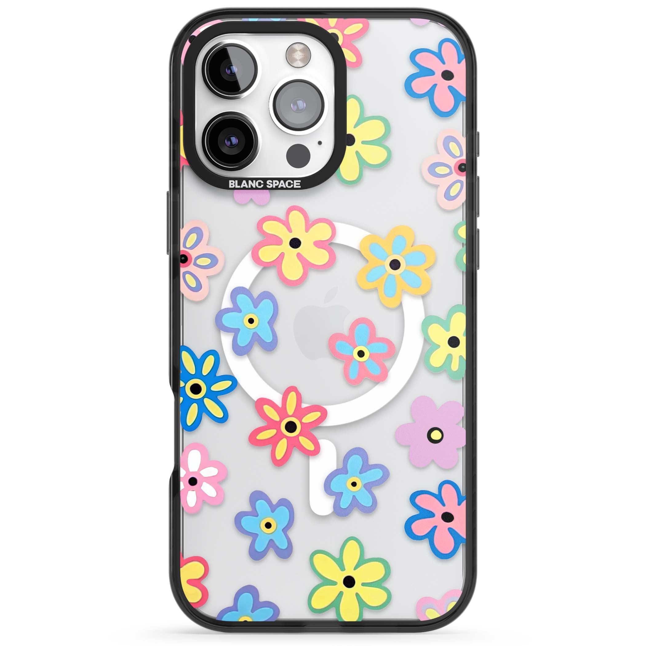 Bloom Pop cottagecore iPhone case featuring multicolor pastel flowers with black centers on clear background | Black Impact Magsafe case for iPhone 16 Pro, iPhone 16 Pro Max