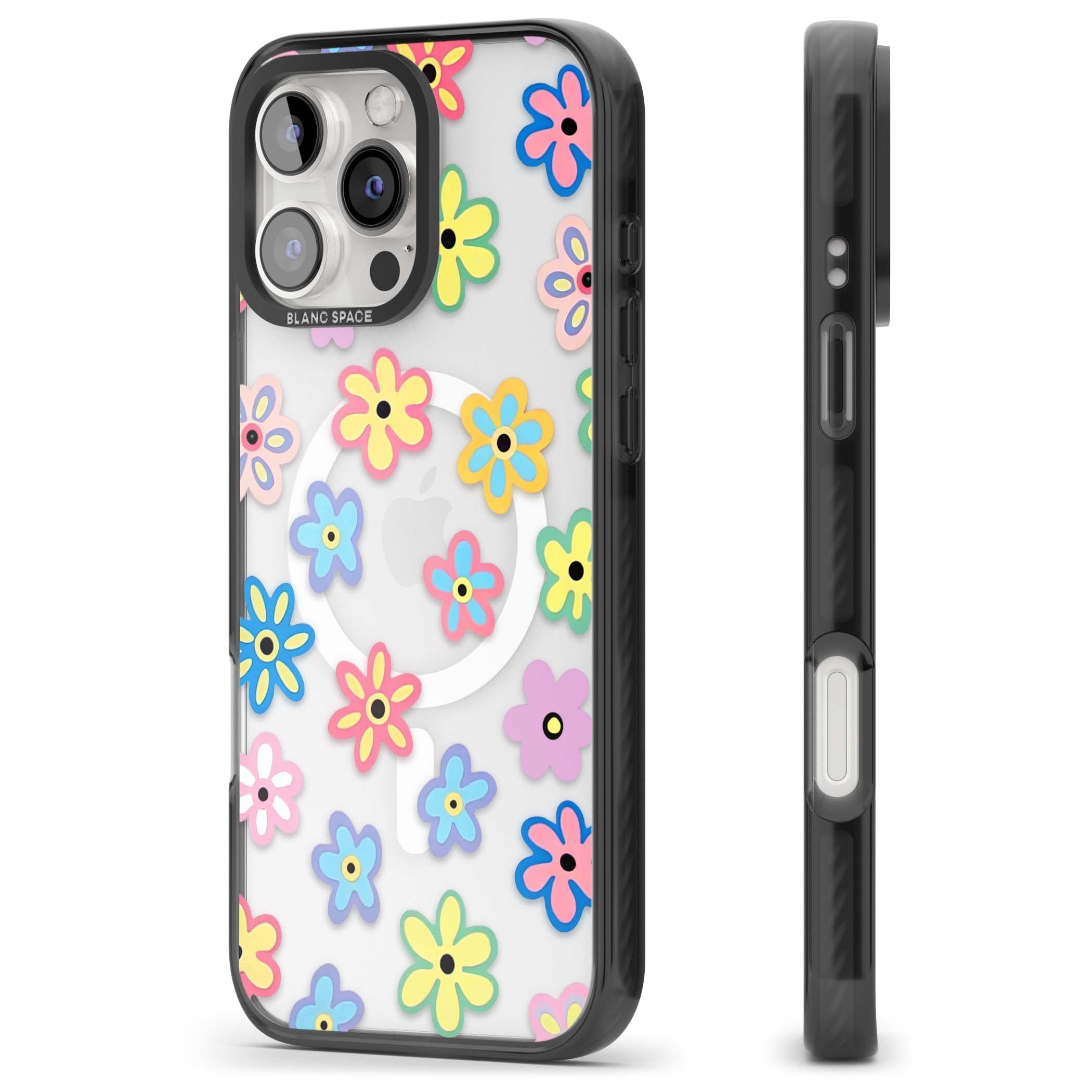 Bloom Pop cottagecore iPhone case featuring multicolor pastel flowers with black centers on clear background | Black Impact Magsafe case for iPhone 16 Pro, iPhone 16 Pro Max