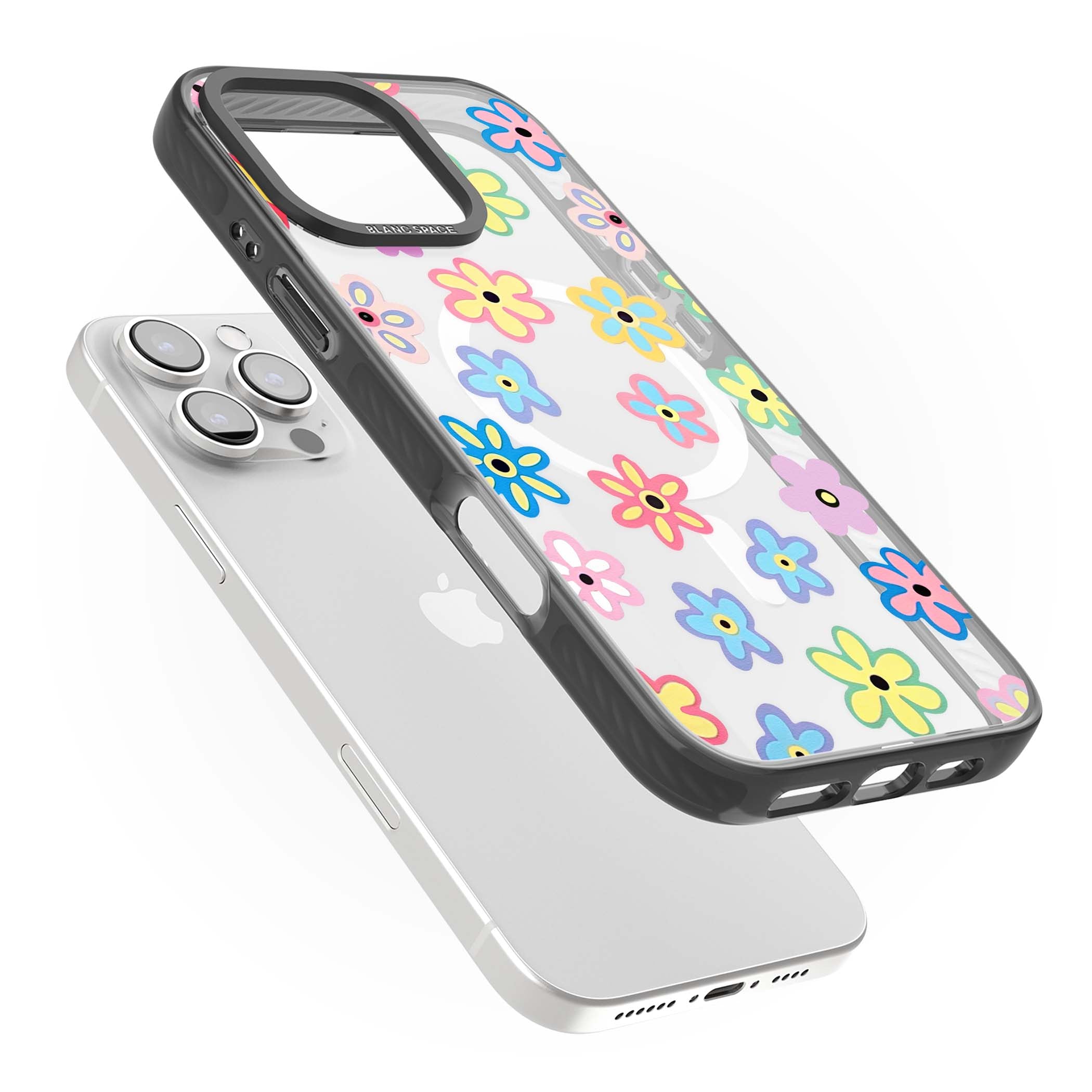 Bloom Pop cottagecore iPhone case featuring multicolor pastel flowers with black centers on clear background | Black Impact Magsafe case for iPhone 16 Pro, iPhone 16 Pro Max