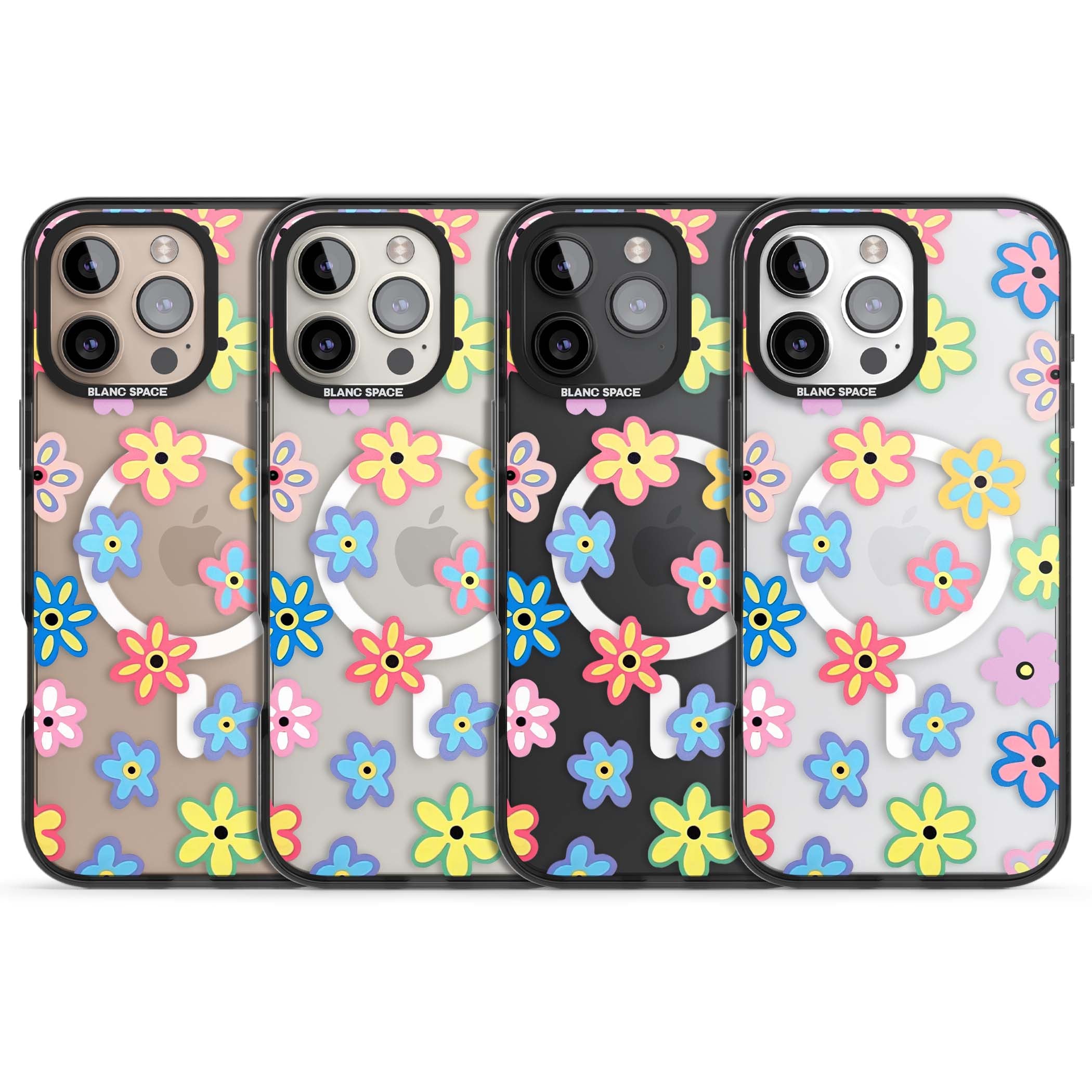 Bloom Pop cottagecore iPhone case featuring multicolor pastel flowers with black centers on clear background | Black Impact Magsafe case for iPhone 16 Pro, iPhone 16 Pro Max