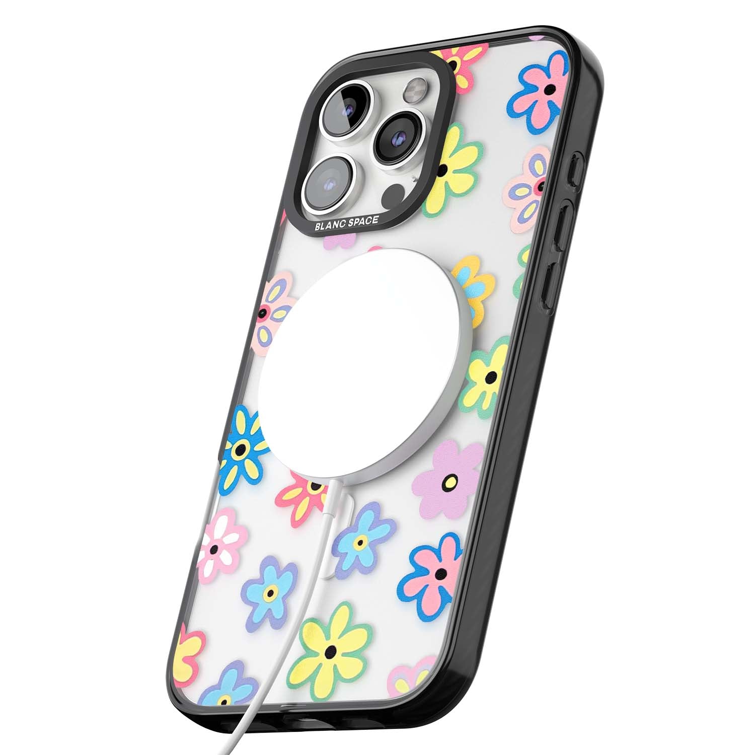 Bloom Pop cottagecore iPhone case featuring multicolor pastel flowers with black centers on clear background | Black Impact Magsafe case for iPhone 16 Pro, iPhone 16 Pro Max