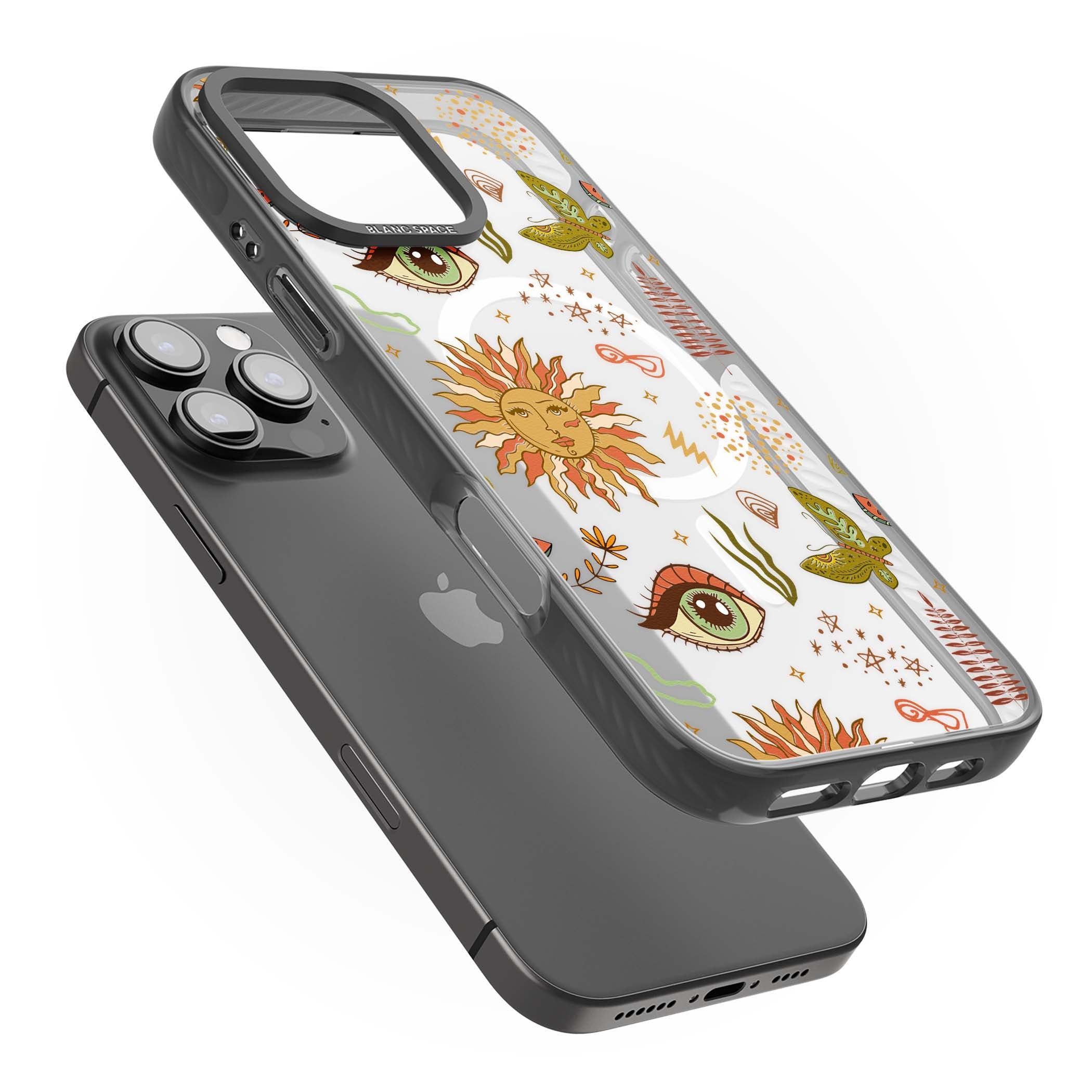 Elevate Your Phone'S Style With This Boho Celestial Sun & Eye Phone Case, Featuring A Mystical Blend Of Suns, All-Seeing Eyes, Butterflies, Stars, And
