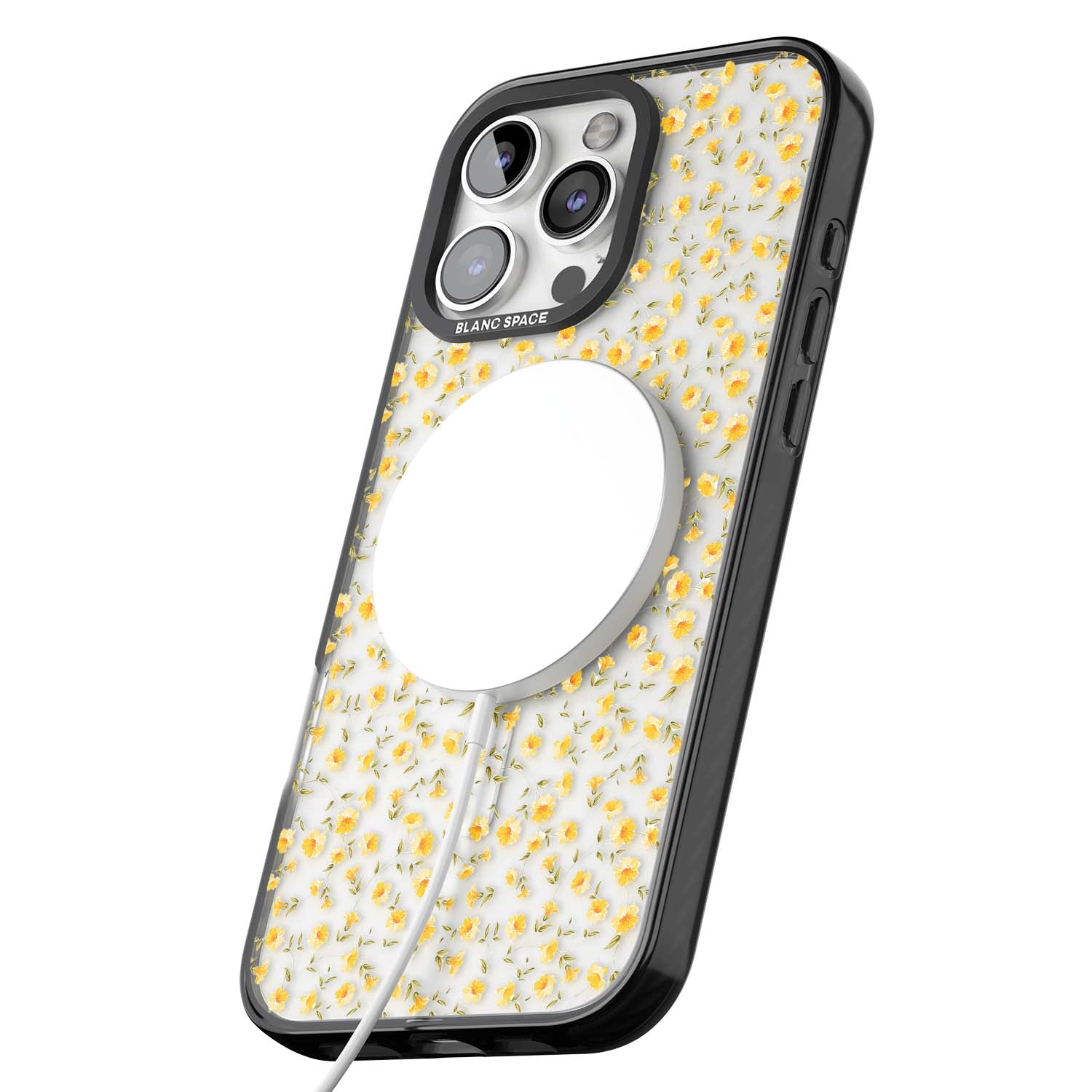Buttercup wildflower iPhone case featuring tiny yellow flowers and trailing green vines on clear | Black Impact Magsafe case for iPhone 16 Pro, iPhone 16 Pro Max